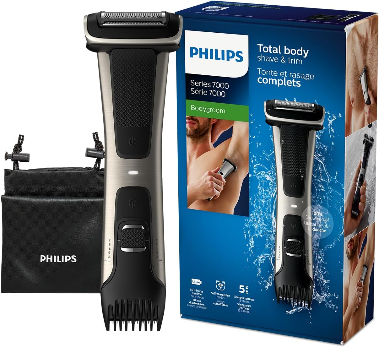 Bodygroom BG7025/13 | Showerproof Groin & Body Trimmer | Body Shaver, 5-Length Adjustable Comb | 80min Cordless, Skin Protection