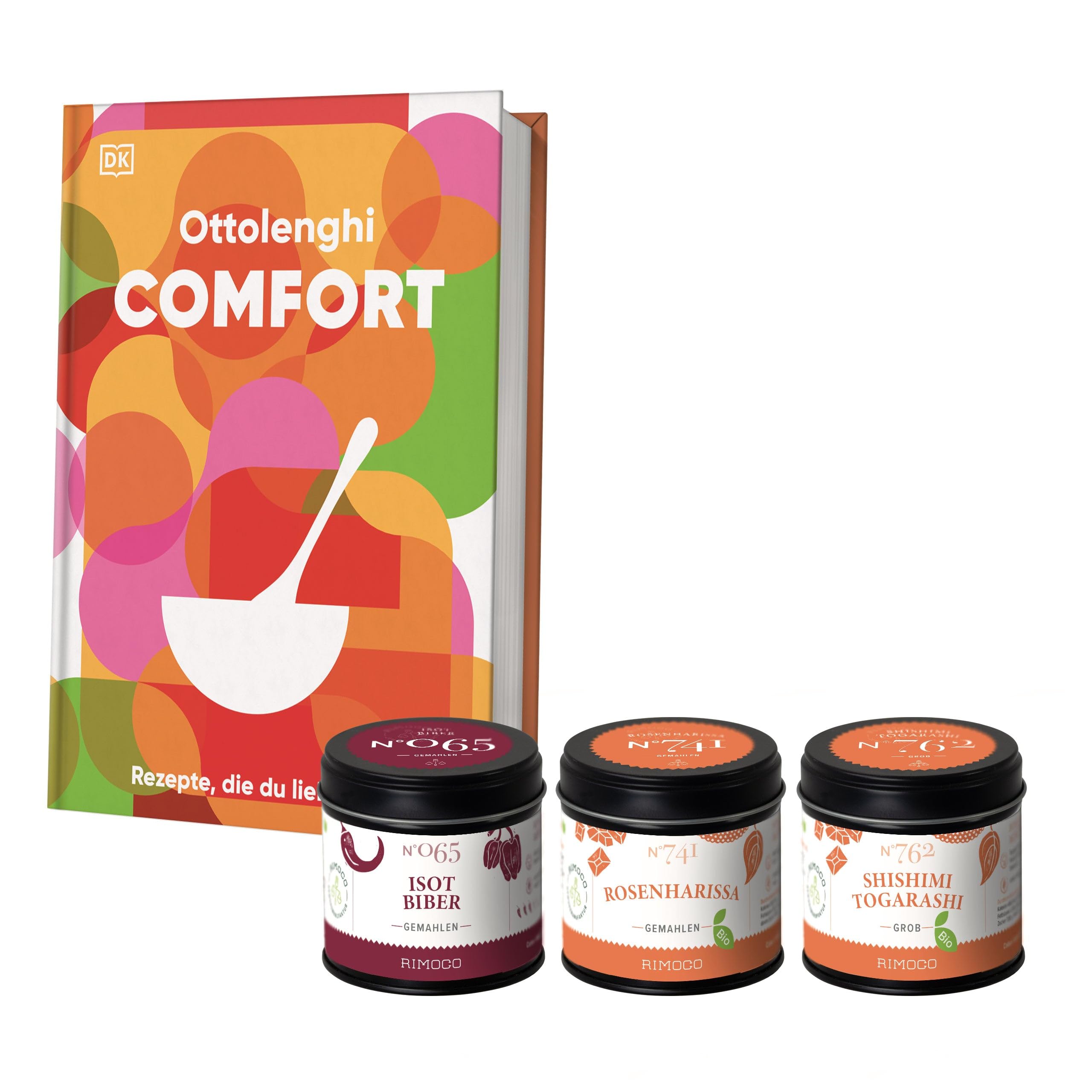 Rimoco Geschenkset aus Gewürzen + Das Kochbuch "Ottolenghi Comfort" bestehend aus Isot Biber N°065, Bio Rosenharissa N°741 und Bio Shichimi Togarashi N°762