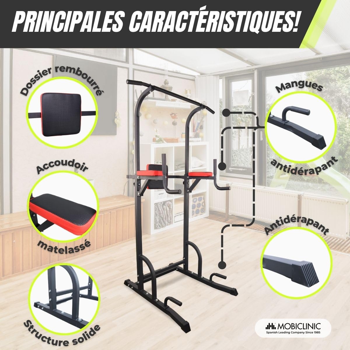 Mobiclinic®, Chaise Romaine Musculation, Réglable sur 8 Hauteurs, Power Tower Dip Station, Dossier Réglables, Tour de, Robuste, Sport Maison, Traction, Pull Up, Multifit