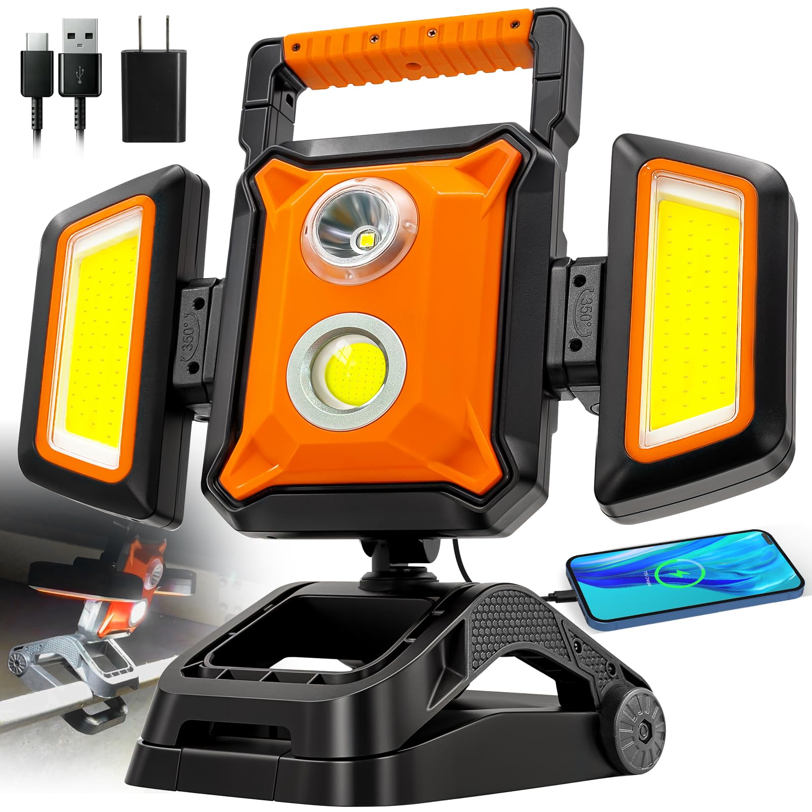 40W Rechargeable Work Light with Clamp, 4000LM Magnetic Work Light Battery Powered with 5 Lights Mode, Waterproof Portable Cordless Job Site Lighting for Construction Site, Workshop, and Car Repairing