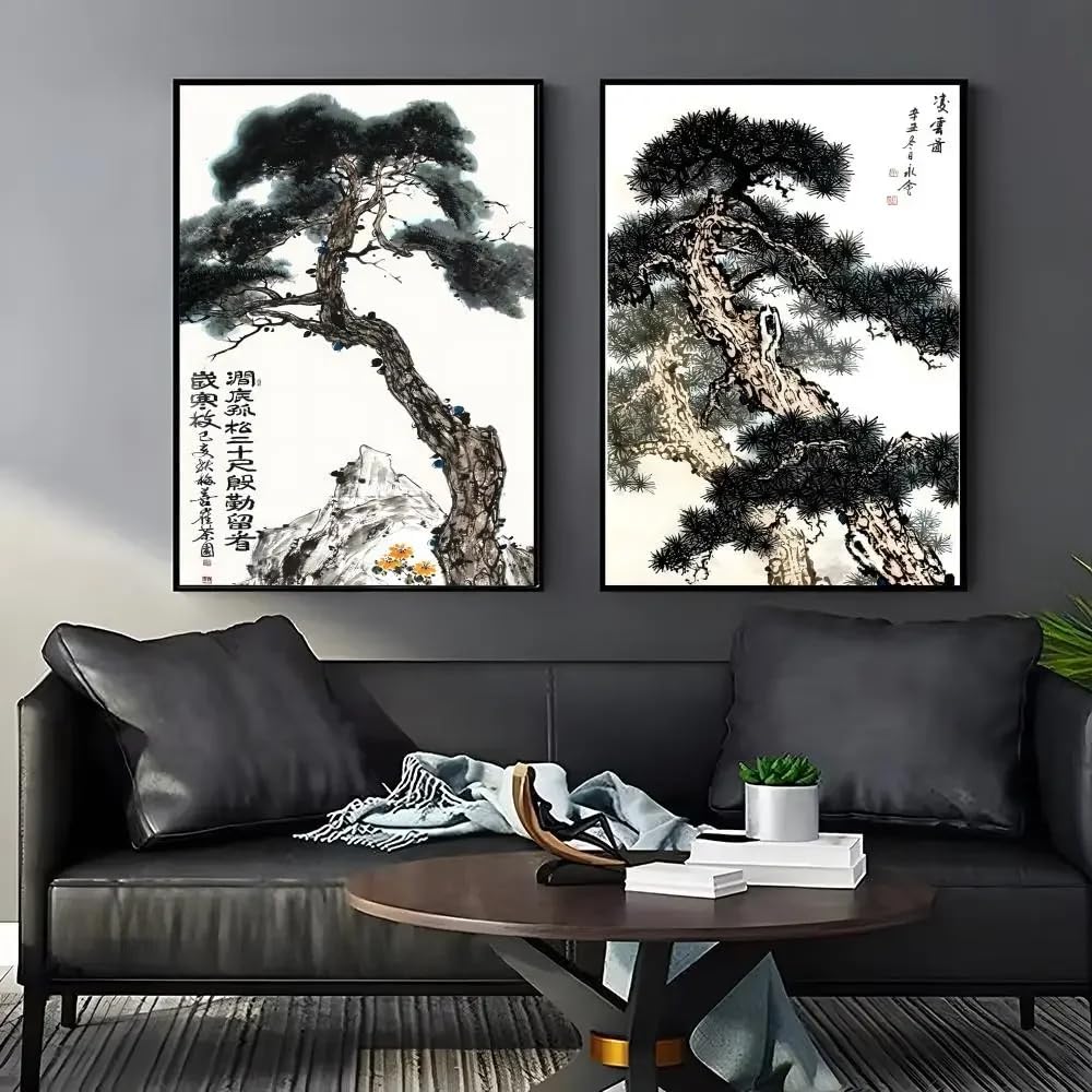 Pintura de estilo chino con caligrafía, lienzo moderno para pared, impresiones artísticas para sala de estar, dormitorio, oficina, decoración del hogar (80 x 120 cm, 2 unidades sin marco)