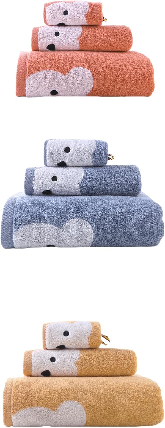 3 Piece Premium Bath Towel Set for Kids(Naughty Bear), 1 Bath Towel 1 Hand Towel 1 Washcloth, Quick-Drying, 100% Cotton，Oeko-TEX Certified (Blue)
