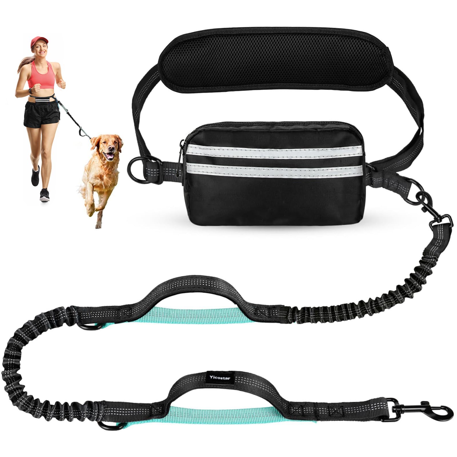 DingGreat Hands Free Dog Lead with Waist Belt, Bungee Running Lead for Medium & Large Dogs, Adjustable Waist Leash (27"-55") Dual Handle, Reflective Stitching & Removable Pouch (Single Leash)