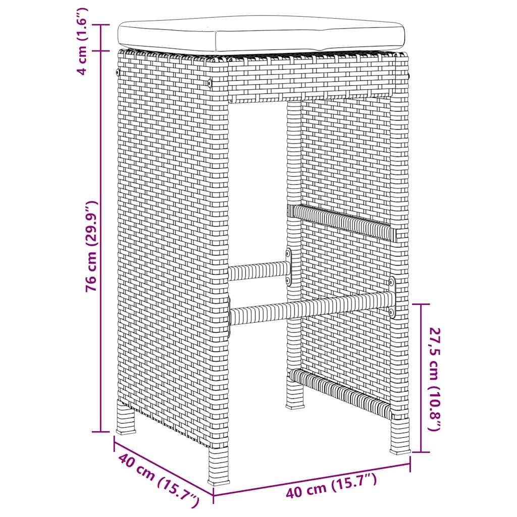 mtlskopal - Set di 2 sgabelli da giardino, in polyrattan, 40 x 40 x 76 cm, con cuscino bianco crema, telaio in acciaio, fino a 110 kg, per esterni, balcone, terrazza, giardino