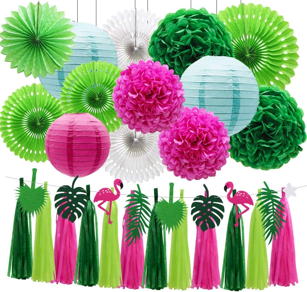 Flamingo Party Supplies, Luau Party Decorations Topical Flamingo and Pineapple Honeycomb Balls Paper Fans Pom Poms Flowers Hibiscus Flowers for Hawaiian Birthday Beach Bachelorette Party