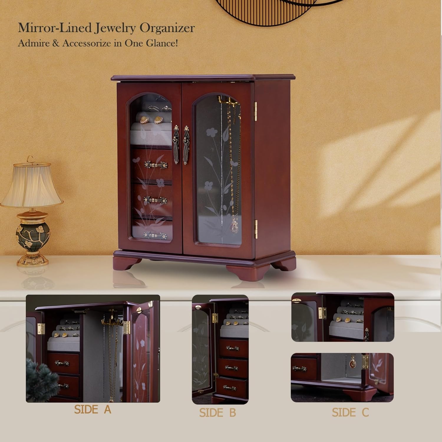 Dark Brown Jewelry Boxes,Handle Carving Craft Large Jewelry Box,With Swivel Hook And Velvet Lining Wooden Jewelry Boxes For Women,Suitable As Gift For Friends - Image 8
