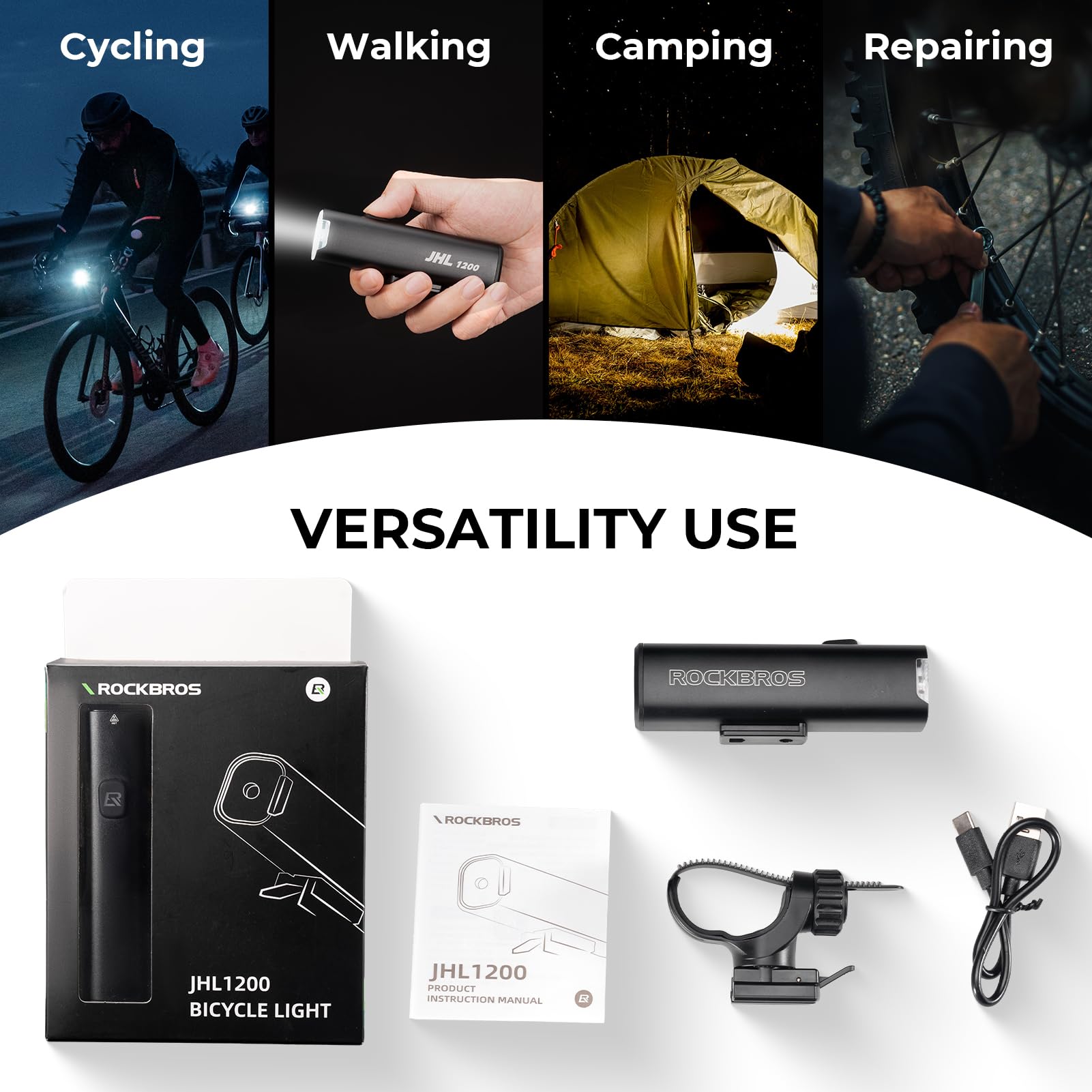 ROCKBROS Phare avant de vélo 1200 lumens 5000 mAh USB-C rechargeable en alliage d'aluminium IPX6 anti-éblouissement LED lumière de vélo réglable à 360° pour vélo de nuit montagne route cyclisme