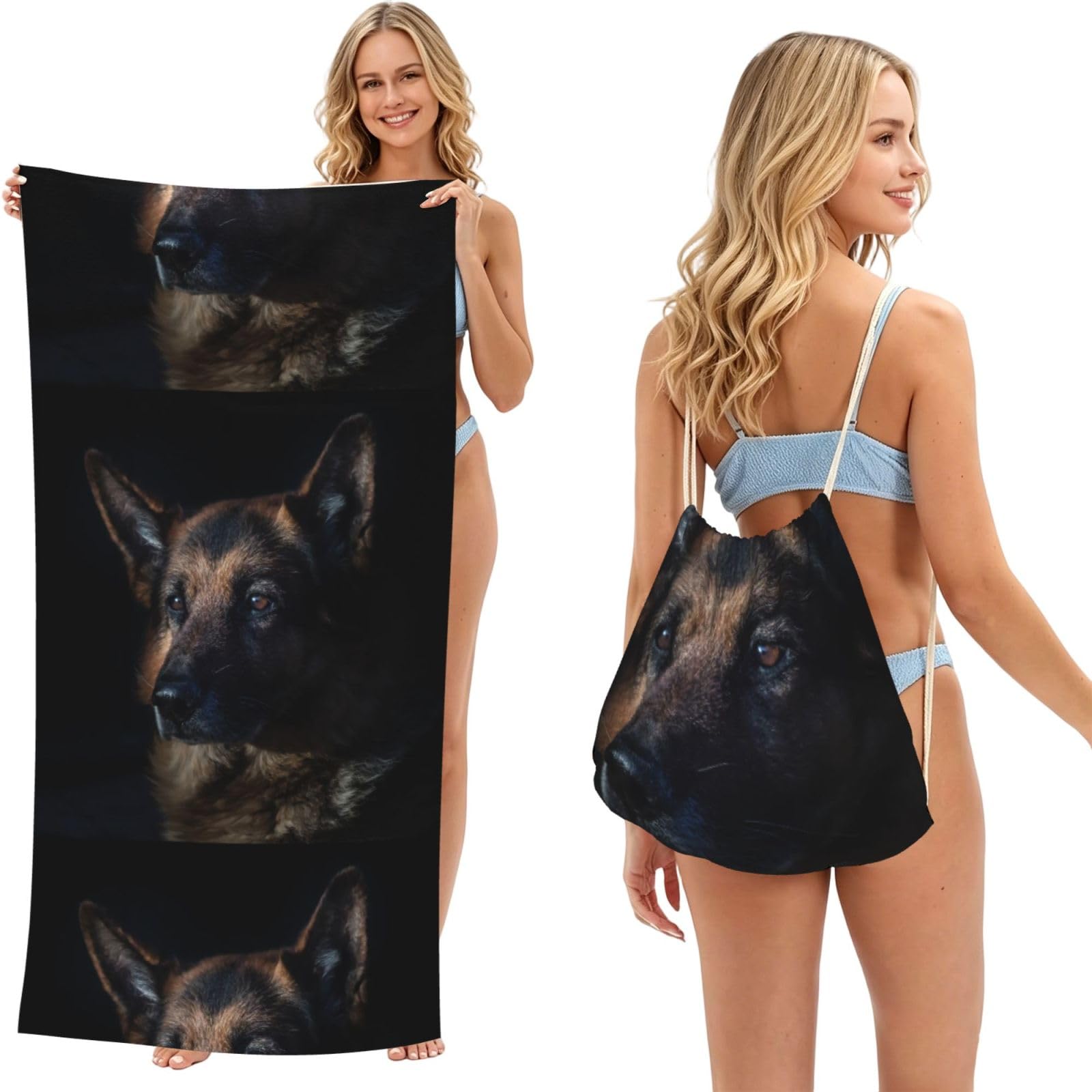 Poadnly As Picture German Shepherd Dog, 2 In 1 Packable Towel Bag, Beach Towels With Drawstring Backpack For Travel Holiday Camping