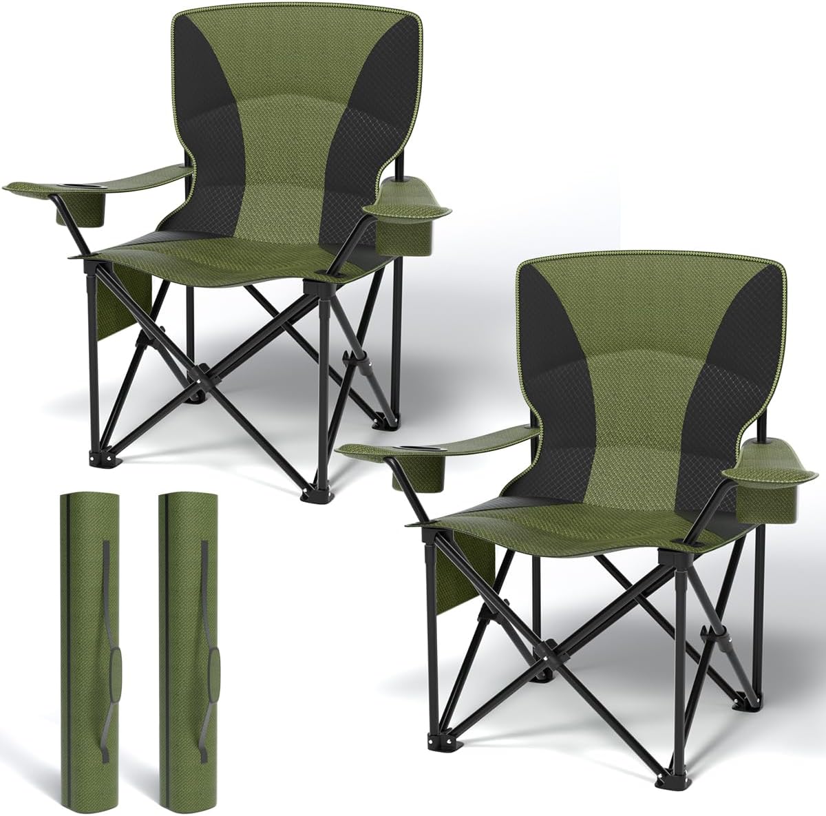 Heavy Duty Folding Chair 500LB Capacity, Oversized Camping Chairs with Cup Holder, Cooler Bag & Storage Pouch, Double-Layer Fabric, Outdoor Chairs for Sports, Lawn Chairs (2, Black Green, Oversized) Oversized Black Green 2