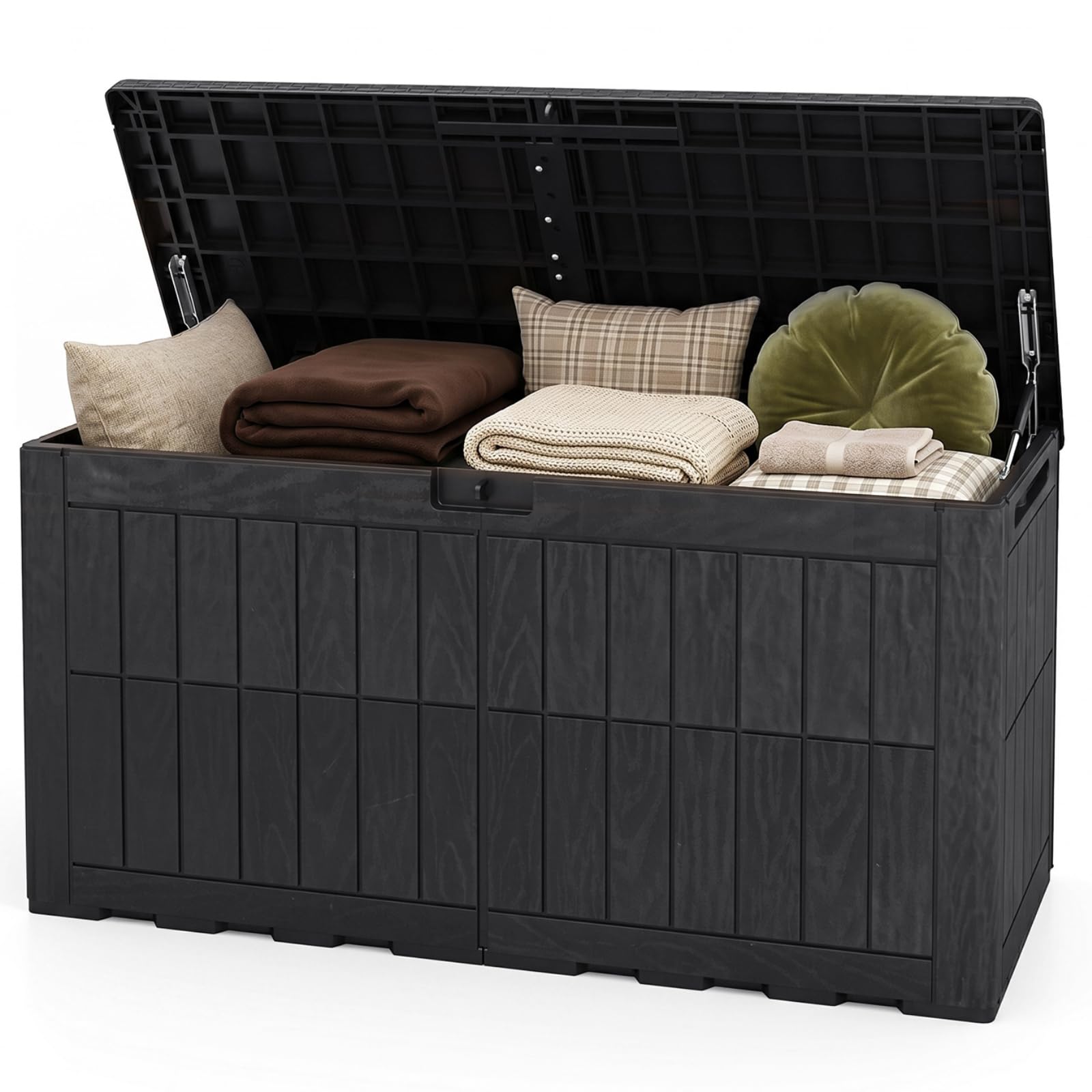 TANGZON Garden Storage Box, Lockable Outdoor Storage Bench with Lid, Handles & Hydraulic Rod, Weather Resistant Waterproof Deck Box for Cushions Tools Pool Patio Supplies, Black (380L)