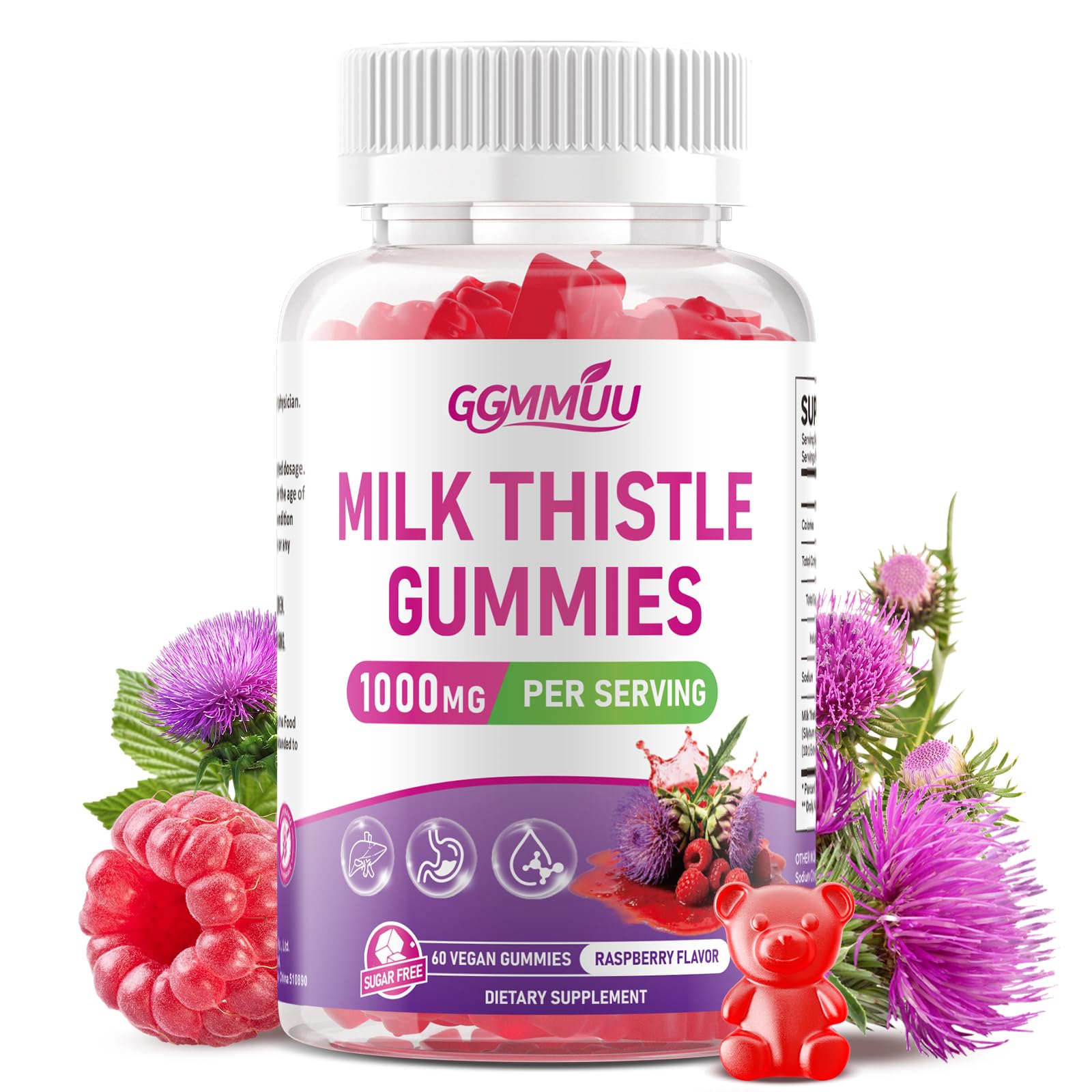Sugar Free Milk Thistle Gummies 1000mg, Raspberry Flavor, 60 Count