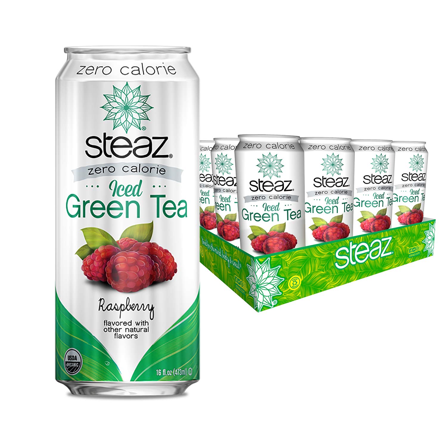 Steaz Iced Green Tea Beverage, Raspberry Zero Calorie, 16 Ounce (Pack of 12)