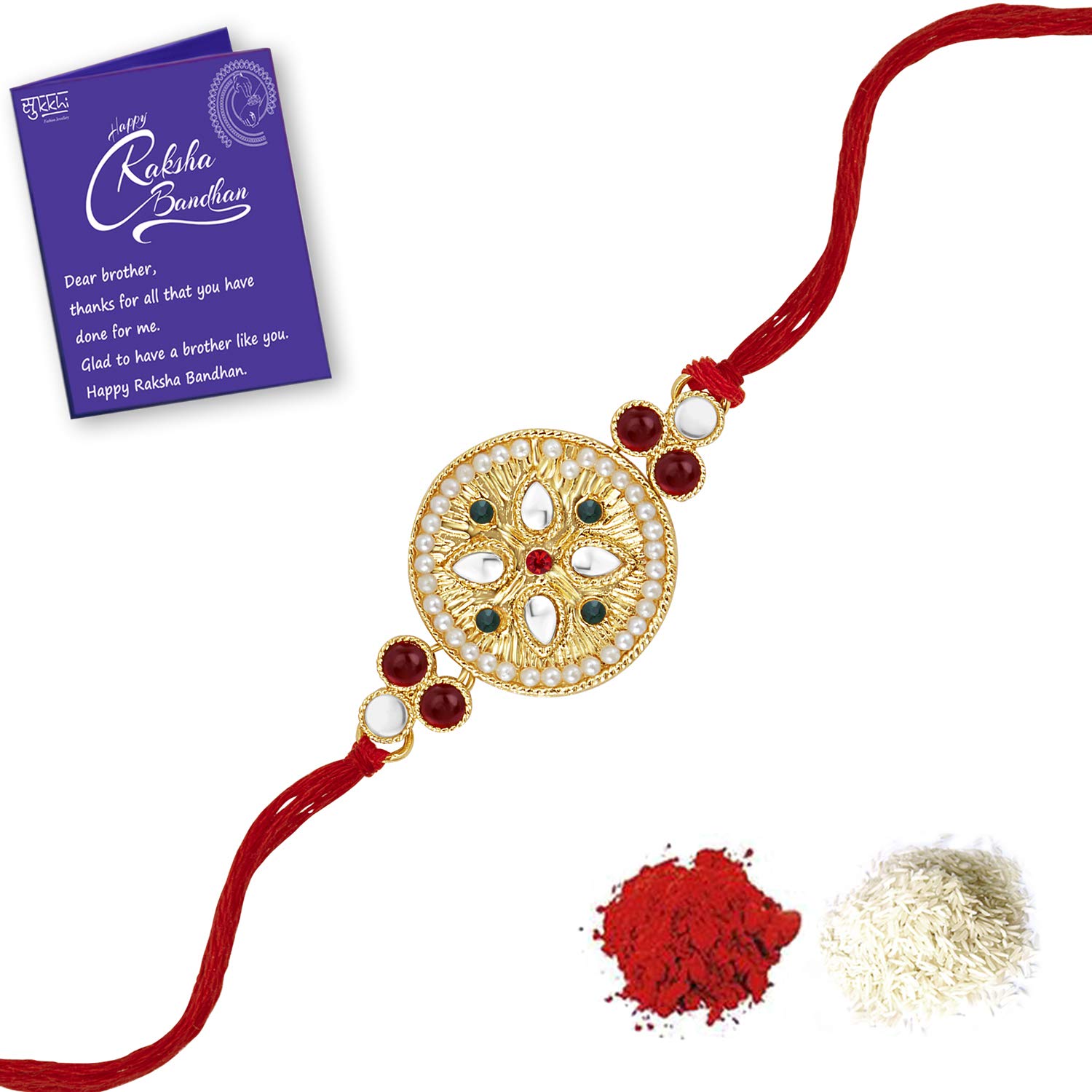 Sukkhi Rakhi Artistic Kundan Designer Gold Plated Premium Rakhi for Brother With Roli Chawal & Greeting Card | Rakhi for Bhaiya | Rakhi for MEN | Kundan Rakhi | (RAK100005) (B09414YNWD) Amazon Price History, Amazon Price Tracker