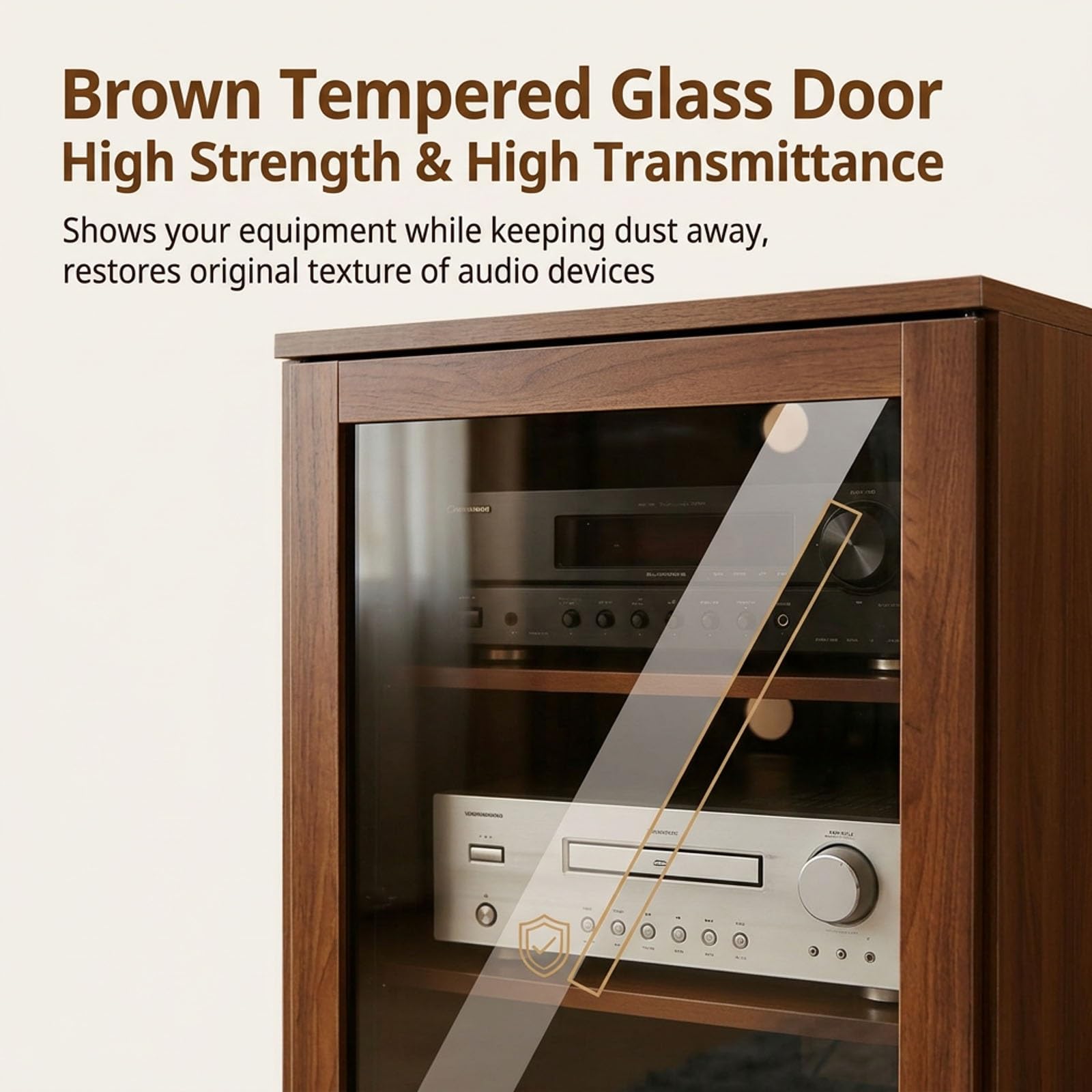 Audio Rack, AV Stand with Wheels, Adjustable Shelves, Tempered Glass Door, Wooden Shelf, Heat Dissipation Feature for Home Recording Studio(21.6x21.6x32.6in)