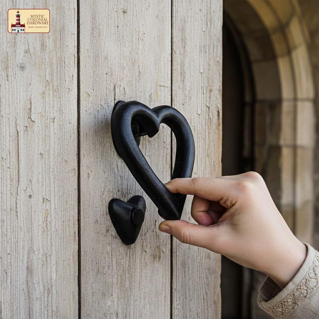 Mystic Colonial Vintage Heart Shaped Door Knocker (4 in) 1 Pc - Rustic Cast Iron Colonial Black Finish Love Door Knocker with Strike Plate for Front Door, Farmhouse, Barn Doors