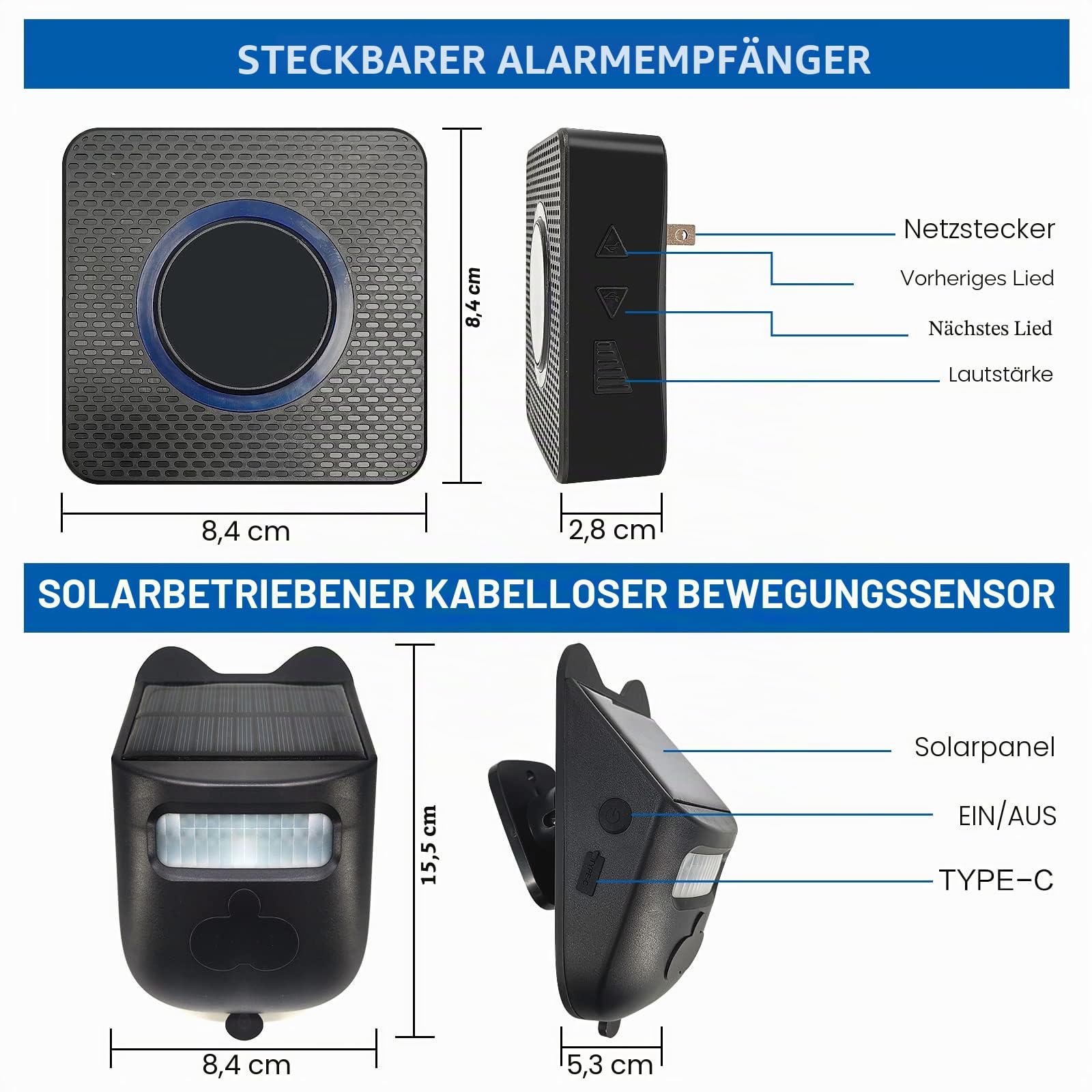 Solar Wireless Auffahrt Alarm Outdoor Wetterbeständig Bewegungsmelder Detektor Türklingel Klingel DIY Sicherheitswarnsystem (2 Sensor & 1 Türklingel)