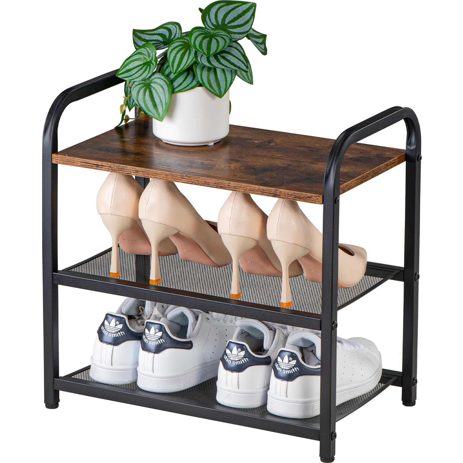 RUNJIMY 3-Tier Shoe Rack, Heavy-Duty Metal Grid, Rustic Wooden Top & Guardrails - for Entryway, Closet, Bathroom (Holds 6 Pairs, Space-Saving)