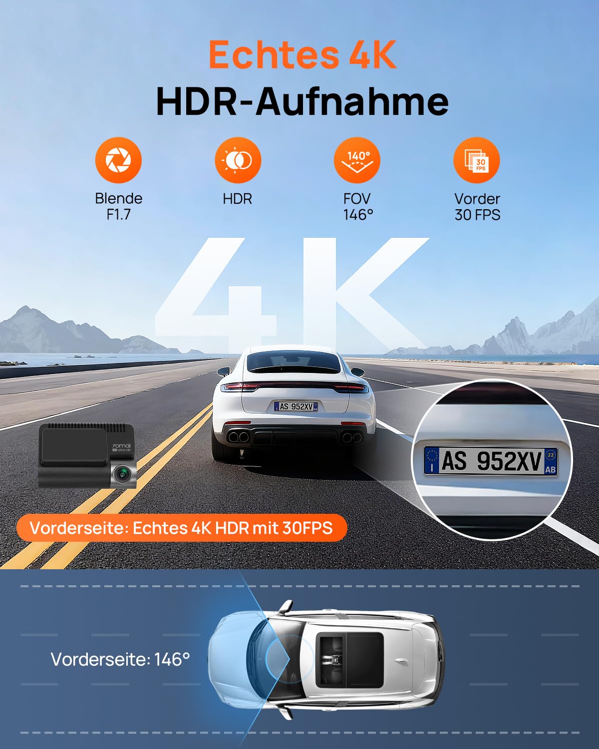 70mai 4K A810S Dashcam Auto Vorne mit STARVIS 2 HDR Nachtsicht, 128GB Karte, 24/7 Parküberwachung, AI-Sensor, ADAS, 146°-Weitwinkel