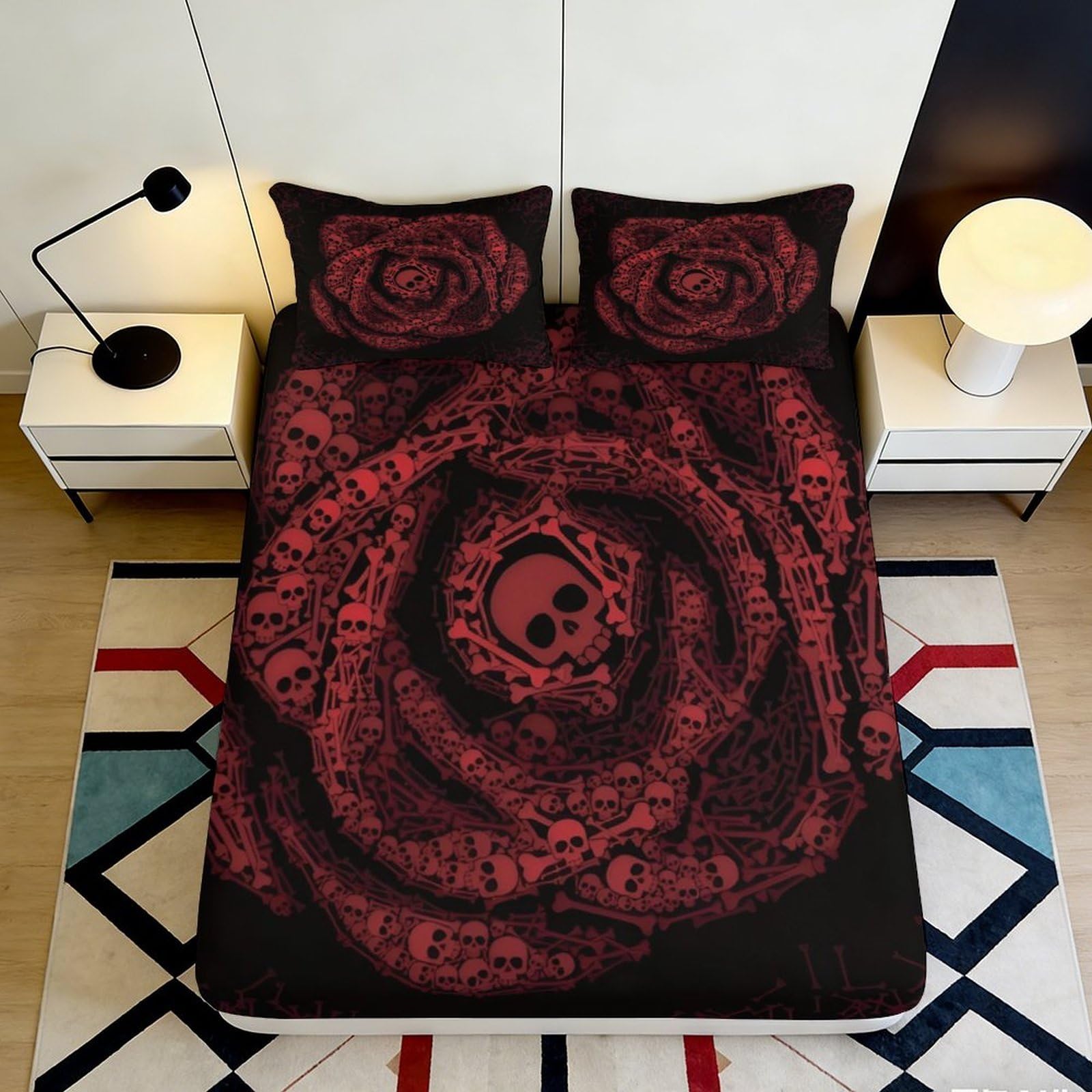 3D Printed Skull Rose Fitted Sheet Microfiber Red Black Bed Cover for Bedroom Dorm Mattress Protection Decor 120x200x25cm