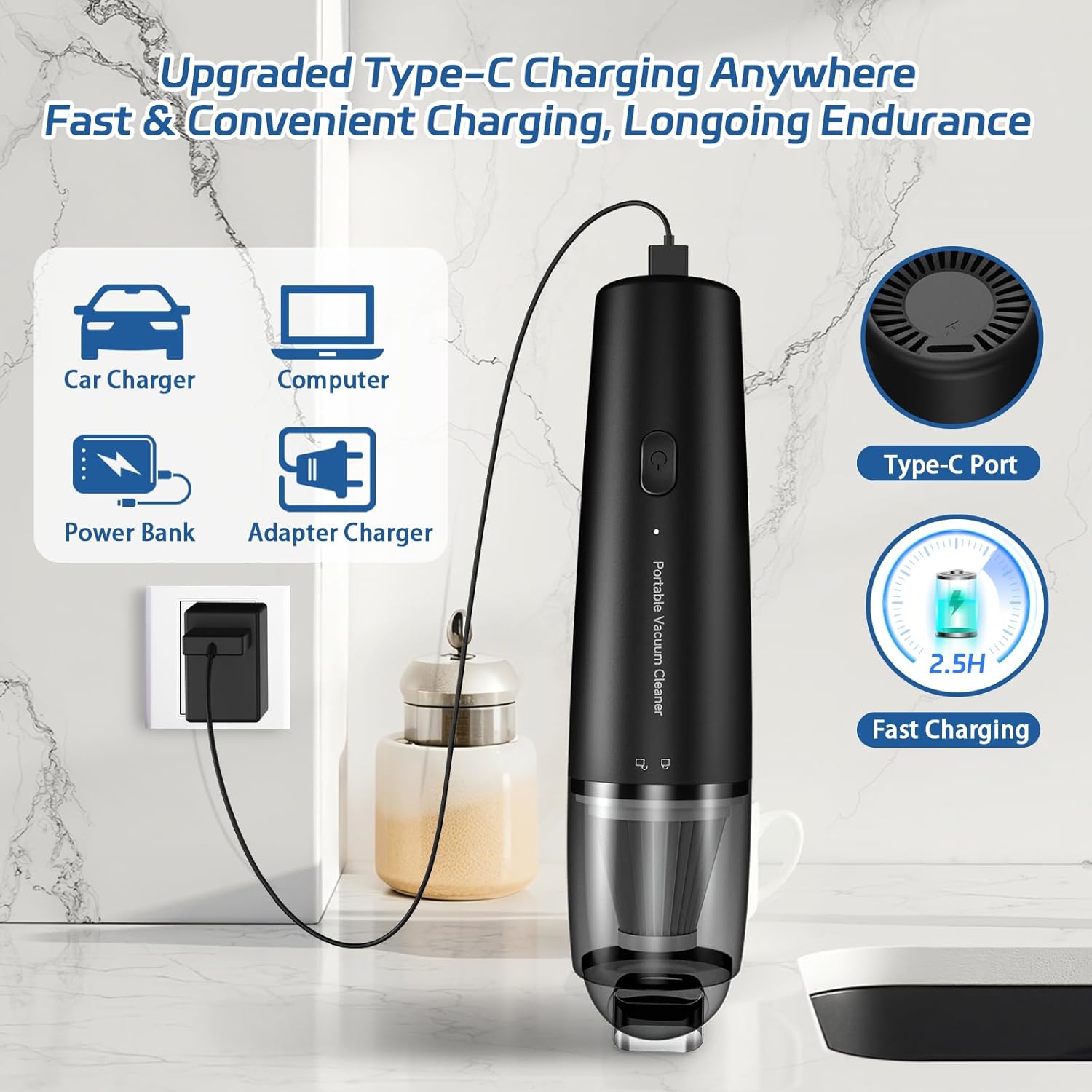 Handheld Vacuum Cordless Mini Vacuum Cleaner Portable 13000 PA Suction Power with 2 HEPA Filter, 2 Suction Modes, Hand Held Vacuum Rechargeable for Car, Home, Pet Hair, Office, Keyboards Black - Image 3