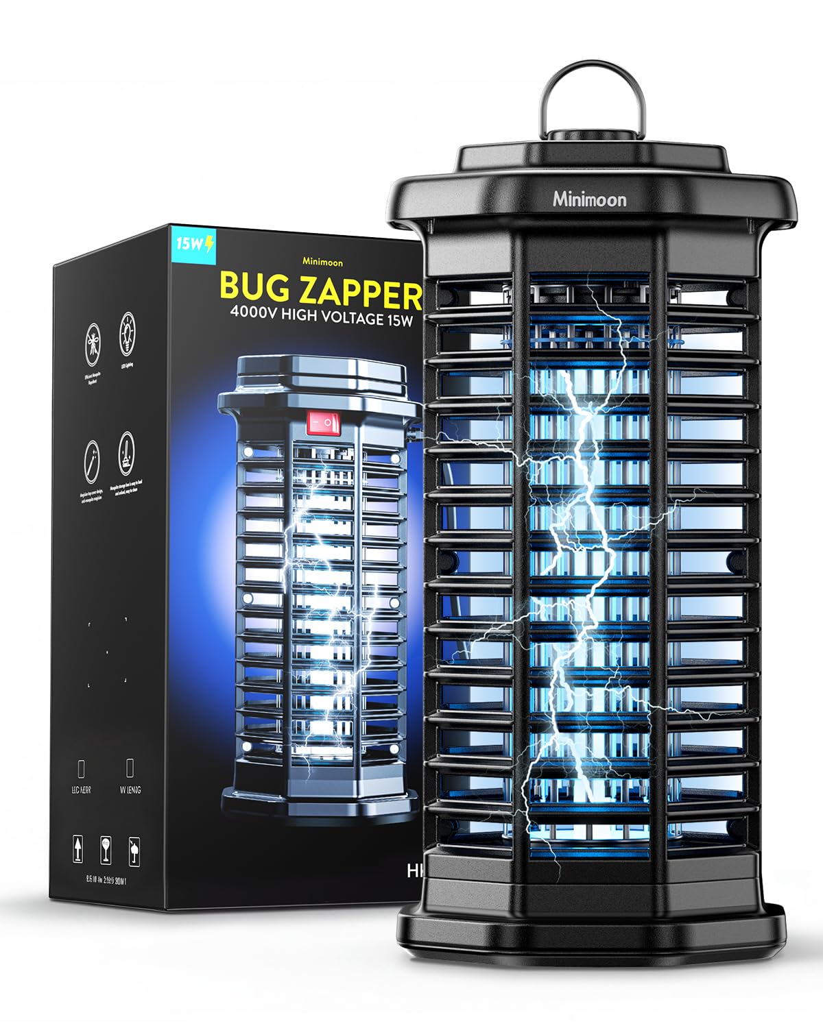 Photo 1 of ** missing charger cord **Minimoon Bug Zapper Outdoor 4000V Powerful Electric Mosquito Zapper, 15w Fly Trap Outdoor, IPX4, Corded Fly Zapper for Indoor, Yard, Backyard, Patio, Camping (Black)