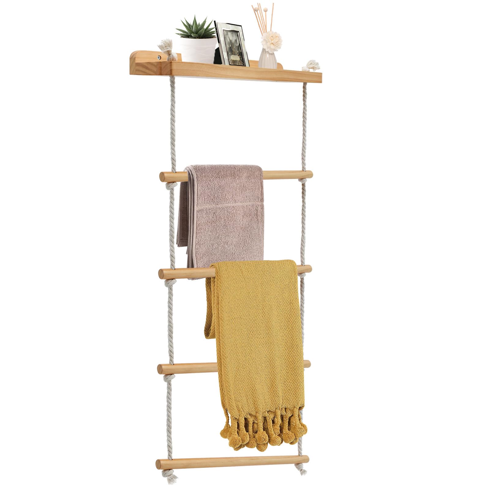Porte-serviettes de style échelle en bois mural à 5 niveaux pour serviettes et linge