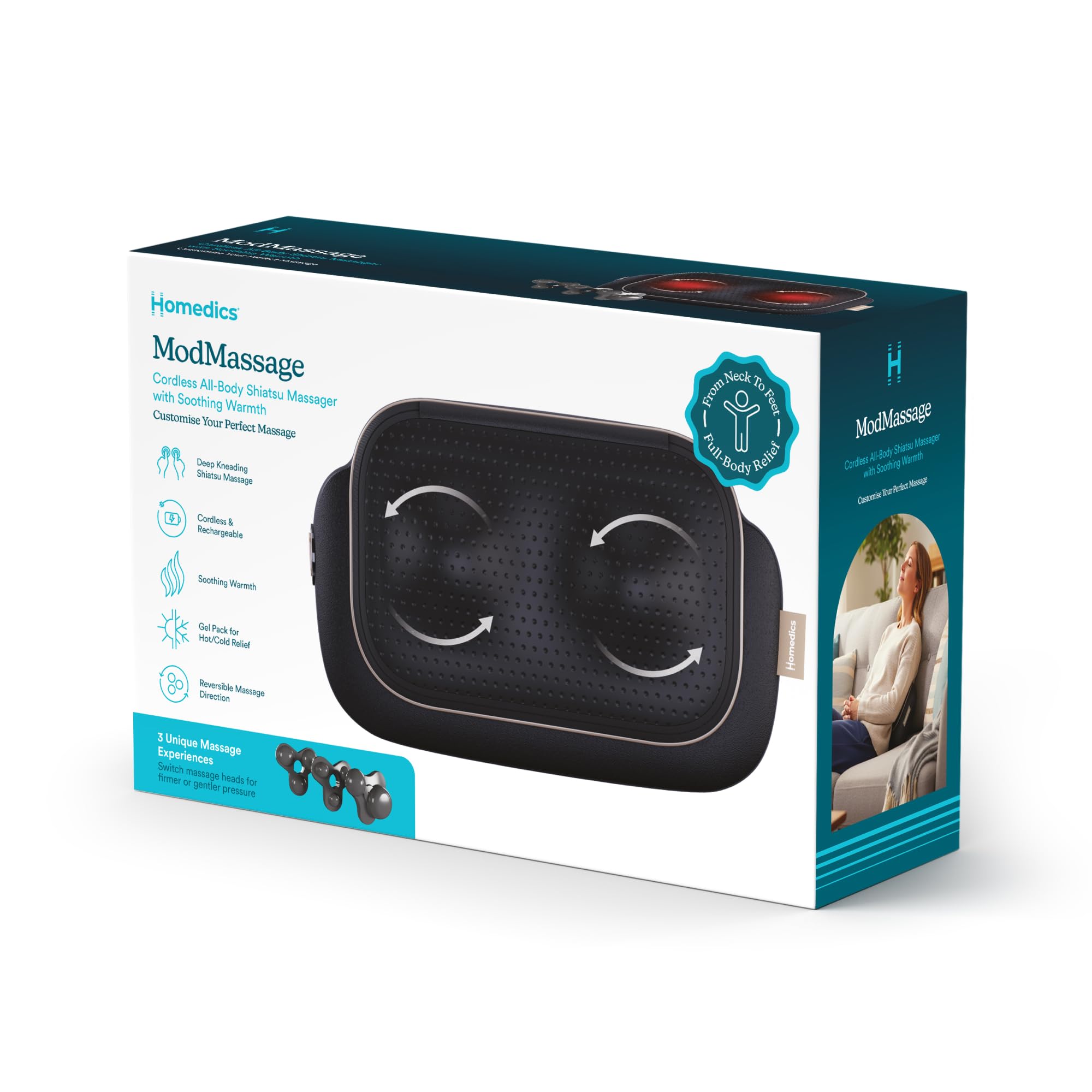 Homedics ModMassage Coussin Shiatsu, Cou, Dos & Épaules, USB-C, 2 Têtes | Coussin De Massage Shiatsu Corps Entier, Appareil De Massage Dos Nuque Pieds, 2 Têtes Interchangeables, Chaud & Froid, USB-C