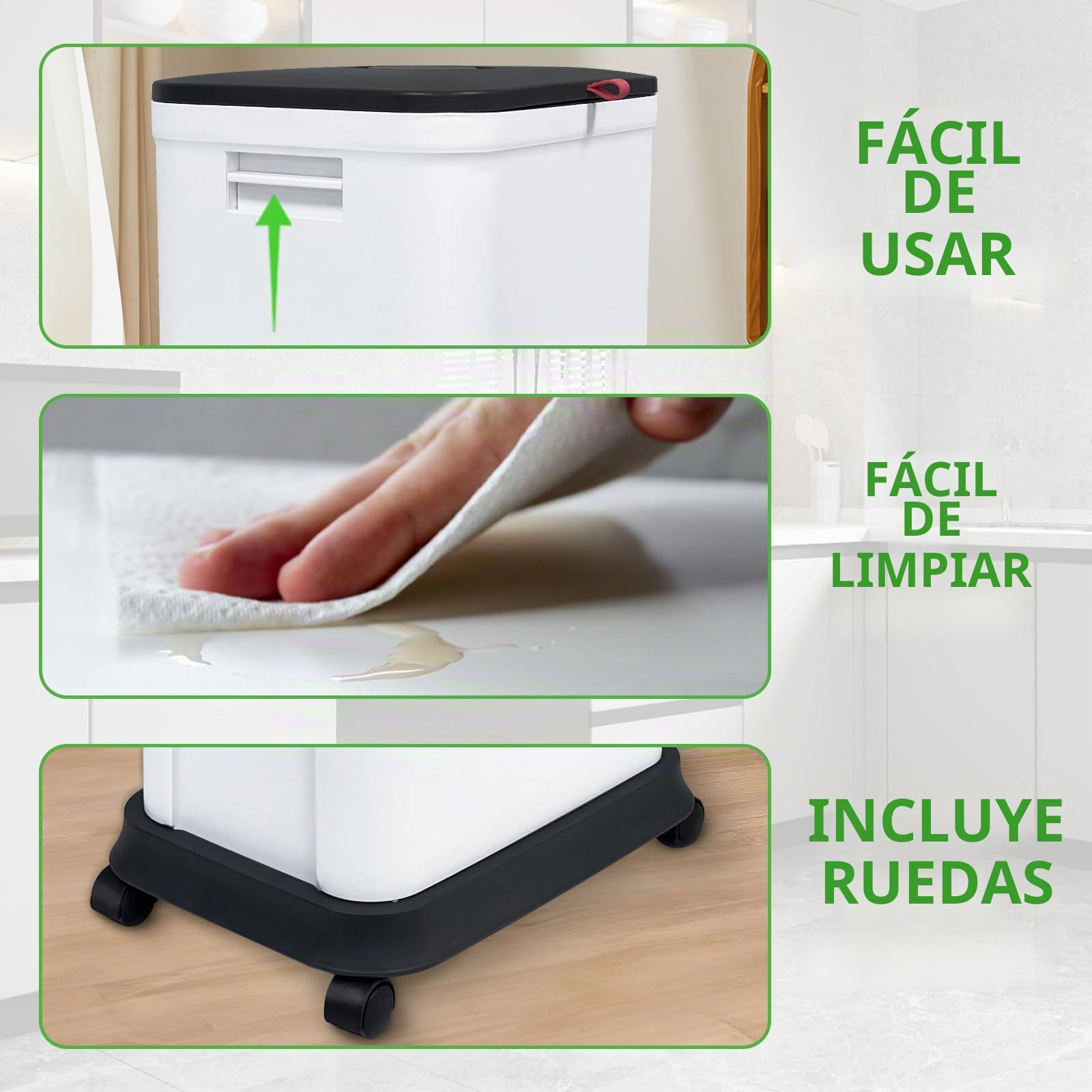 Gintan Cubo de basura de cocina con tapa ajustable, 25 – 45 L, extragrande, con ruedas, tapa hermética para residuos de cocina, con dos contenedores de basura de 9 litros con tapas (3 paquetes)