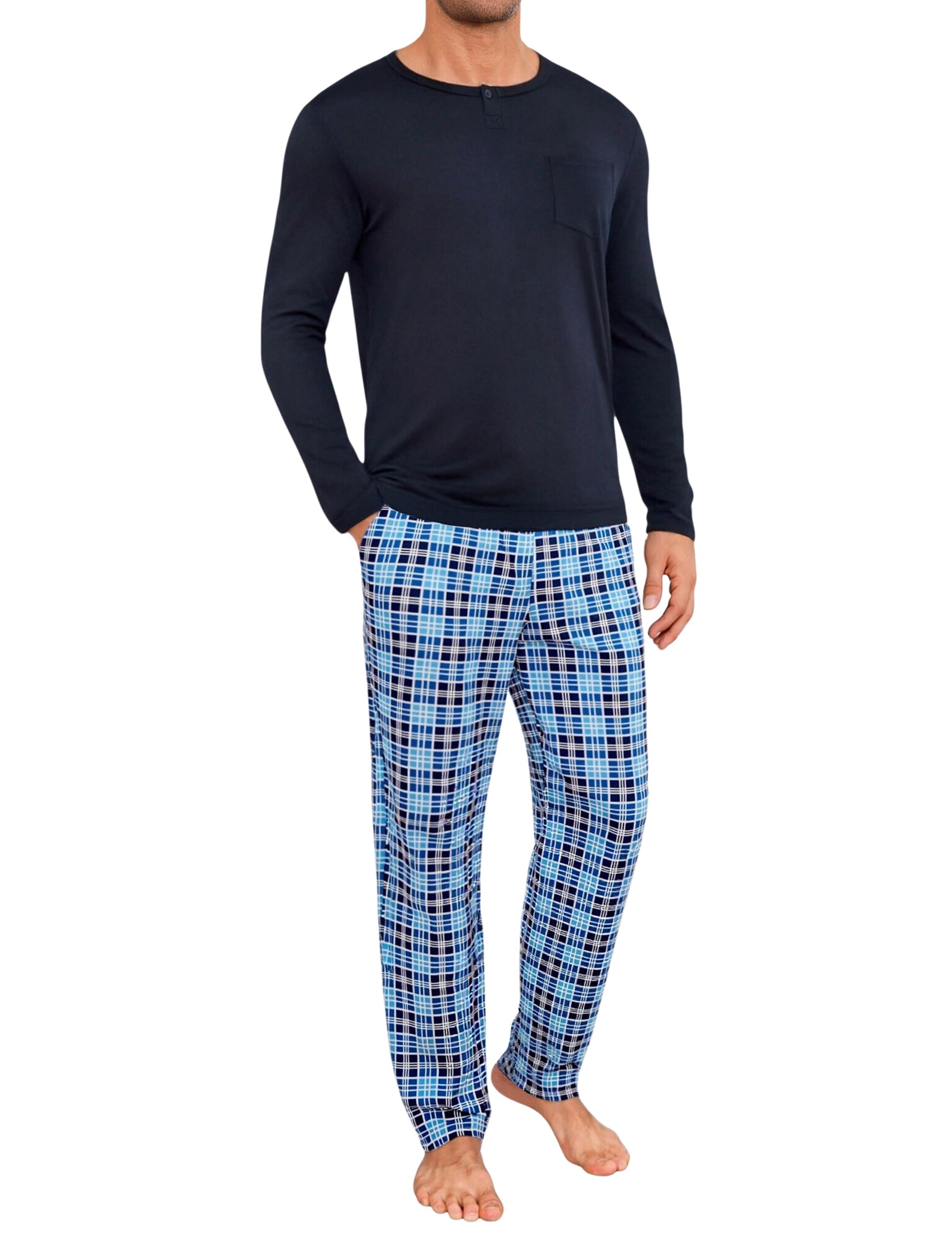 Men's Long Cotton Pyjamas for Men, Winter Pyjama Set with Crew Neck, Button Placket and Checked Pyjama Bottoms-image-21
