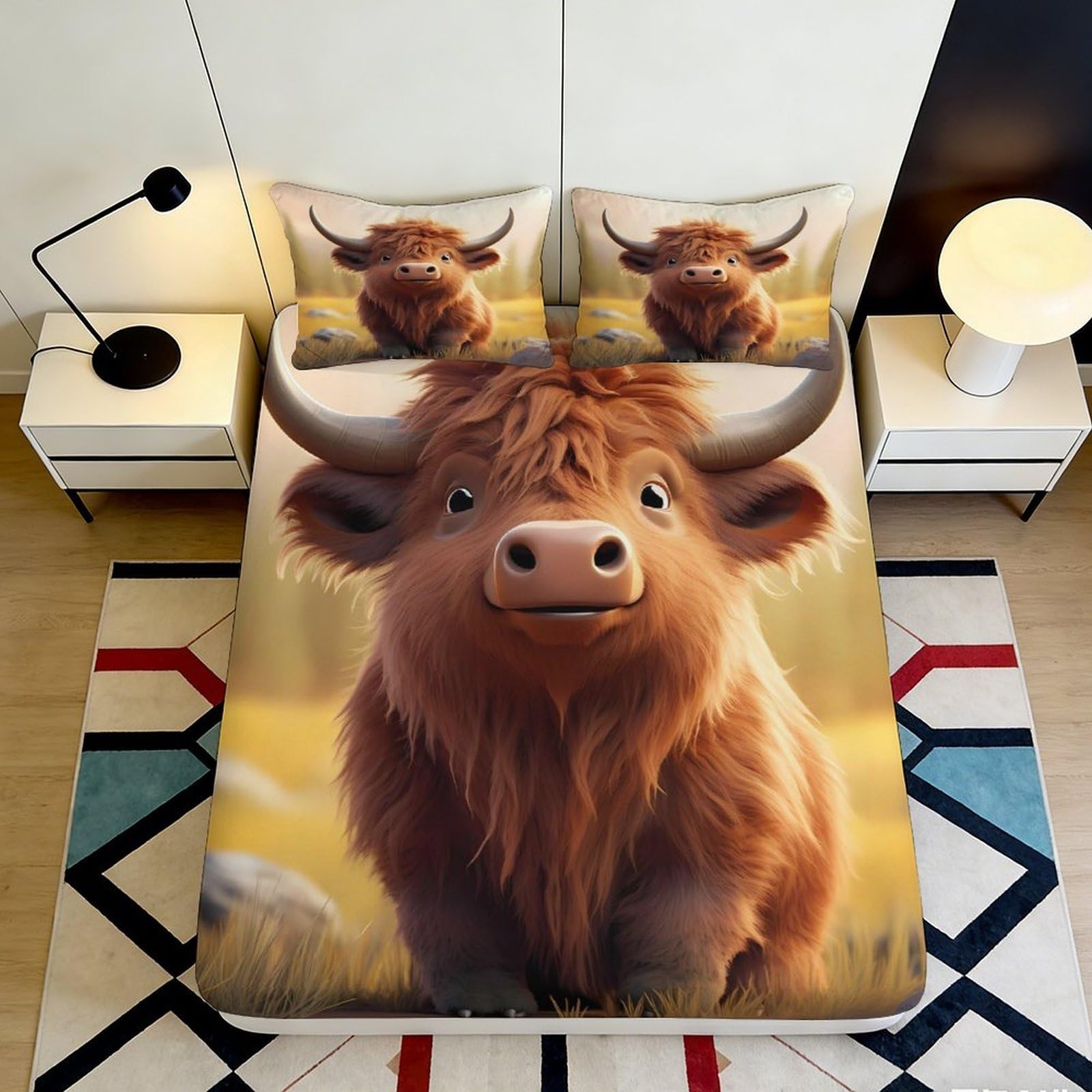 3D Printed Highland Cattle Fitted Sheet Microfiber Soft Durable Cute Bull Bed Cover for Bedroom Dormitory Guest Room Mattress Protection Decor 160x200x25cm