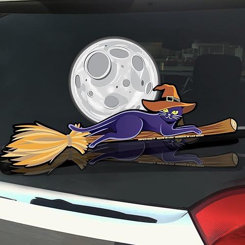 Halloween Black Cat with Witch Hat on a Broom WiperTags