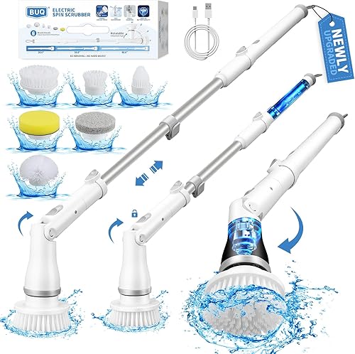 BUQ Depurador eléctrico giratorio de hasta 450 rpm, limpiador de ducha inalámbrico con 6 cabezales de repuesto, depurador de baño de 3 horas de