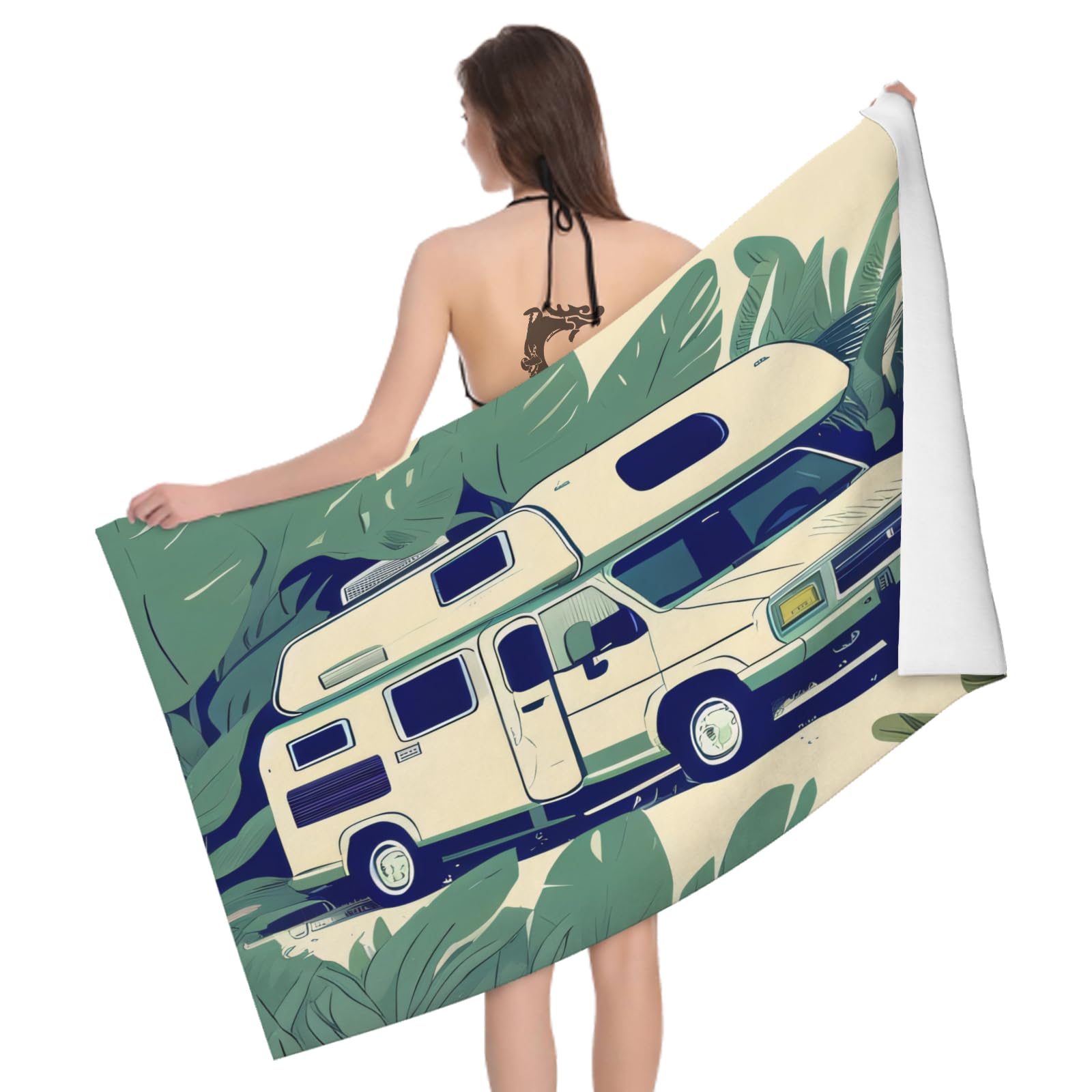 Hongduo Women's White Campervan Microfibre Beach Towel Extra Large 80X160cm, Camping Quick Dry Beach Towels For Adults Men Bath Towel For Travel, Sports, Swimming, Camping