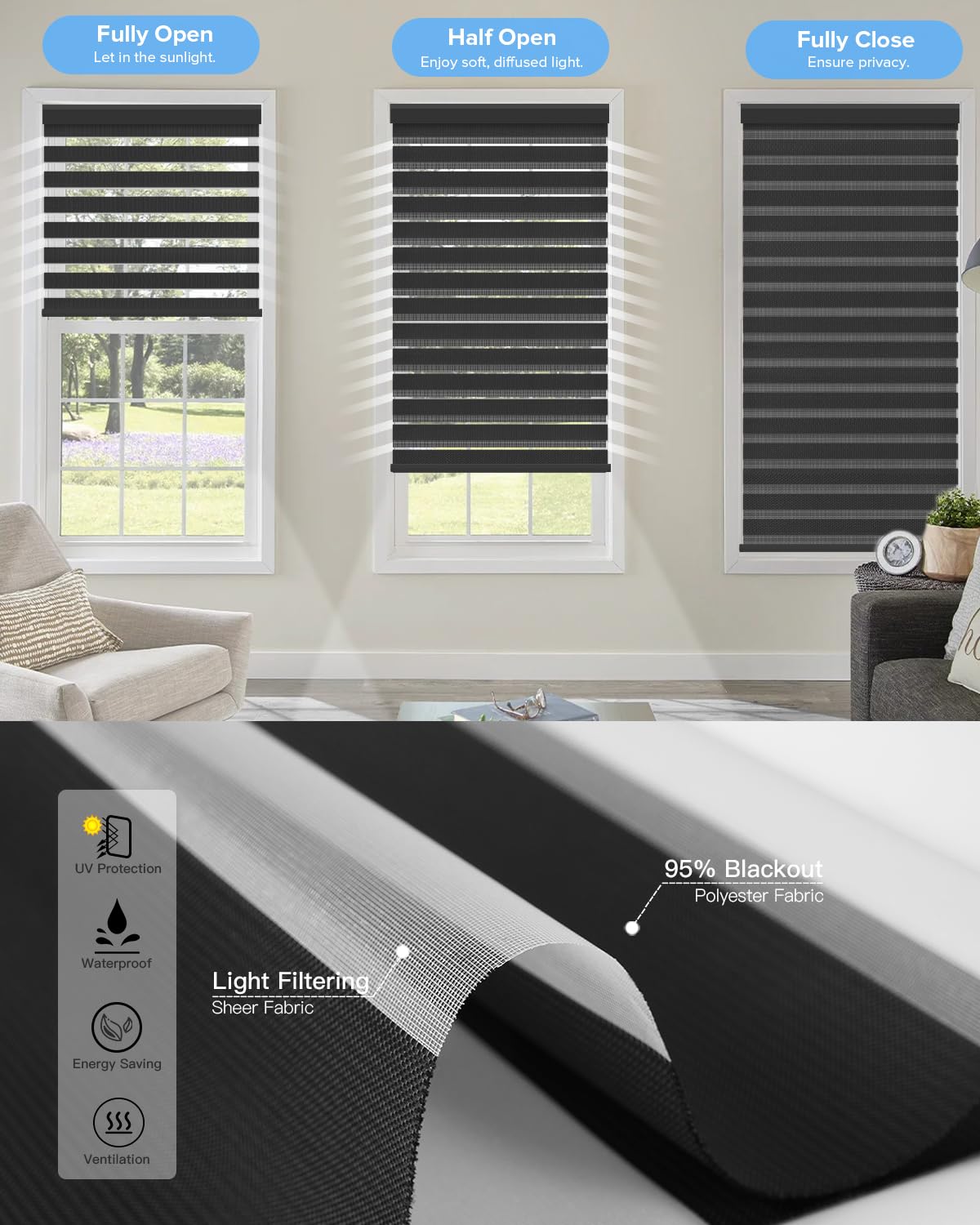 Tende a rullo motorizzate intelligenti con telecomando, doppio strato, velate, compatibili con hub dimensioni personalizzabili, tende nere diurne e notturne per la casa