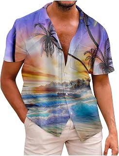 Active Summer Thin Cool Tee Gents Baggy Button-Down Blouse Tunic Short Sleeved Casual Lapel Tropical Print Tee Men