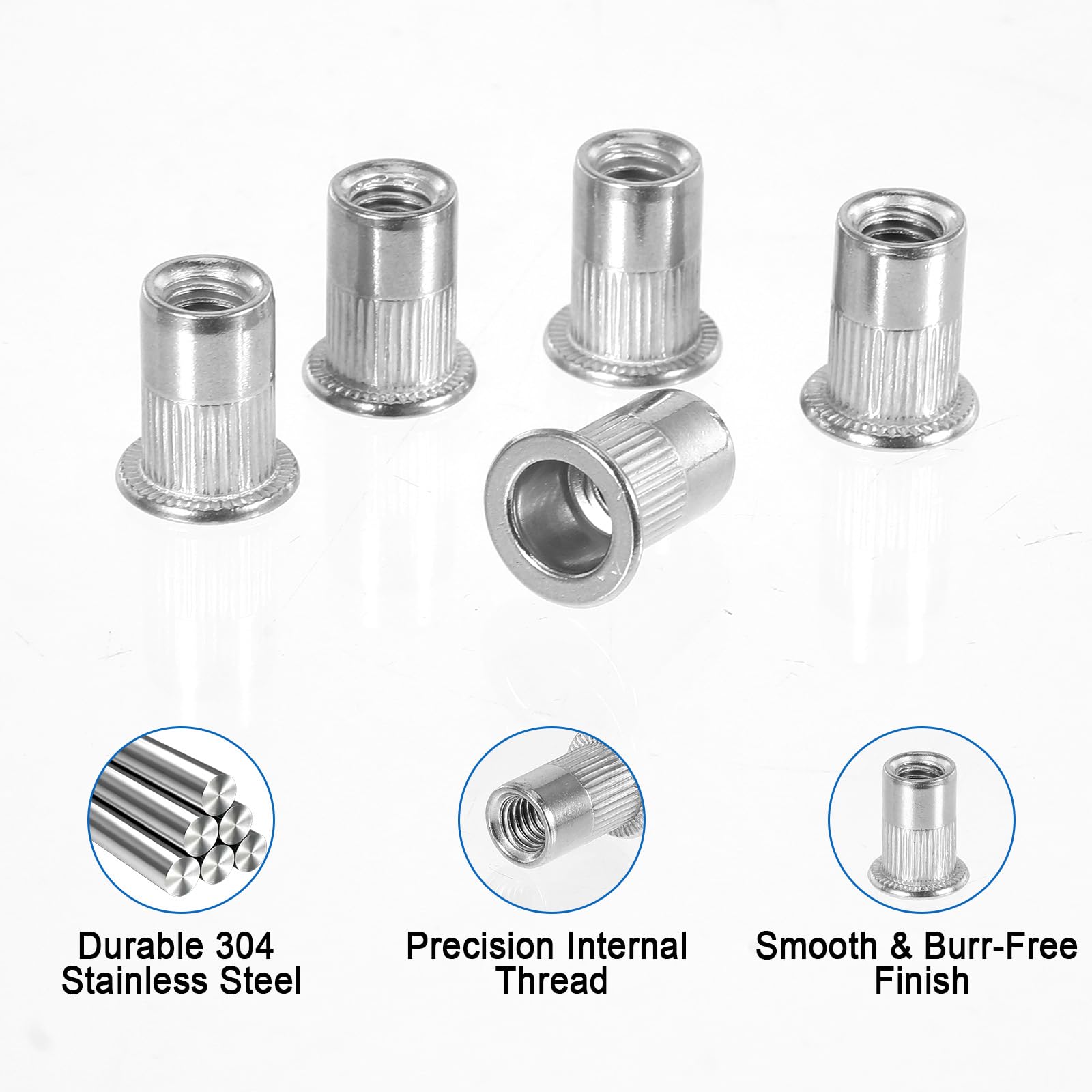 100 tuercas de remache M6 de acero inoxidable de cabeza plana moleteada, tuercas ciegas de remache para chapa, tuercas roscadas roscadas M6, casquillos roscados para materiales de paredes delgadas
