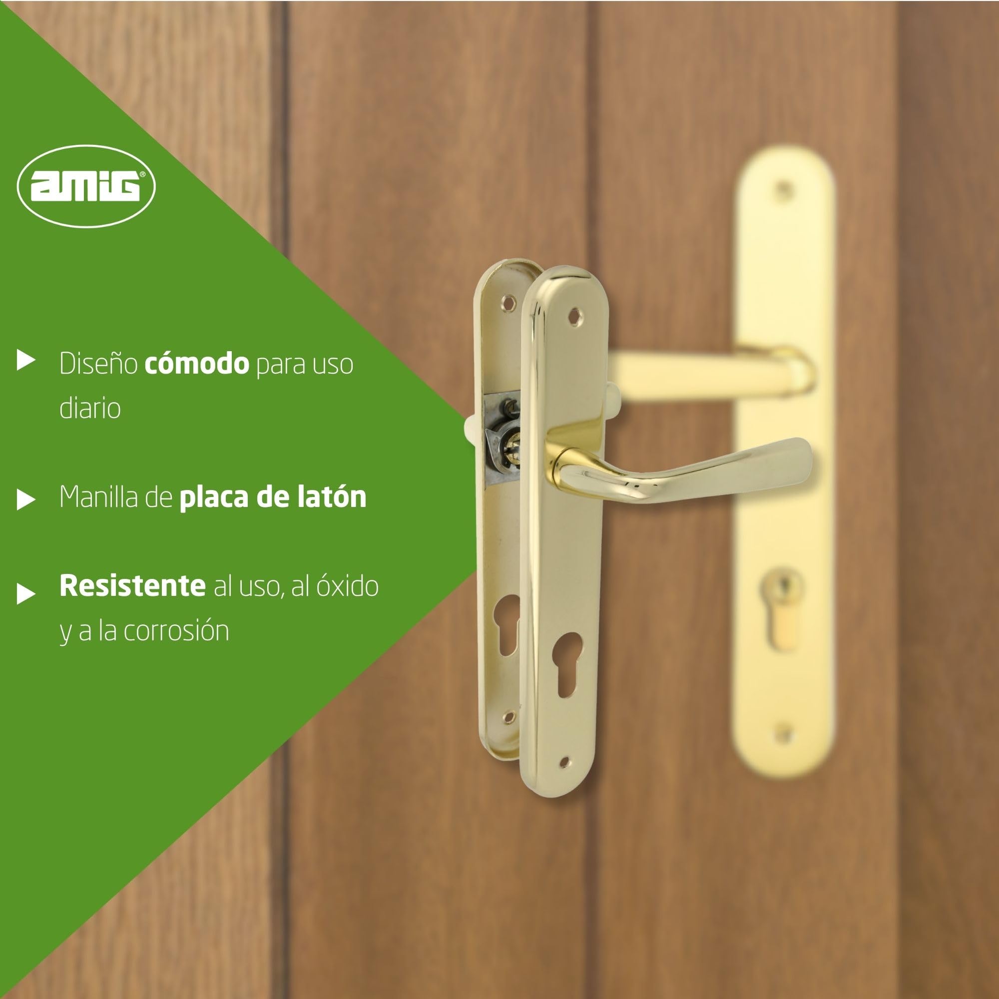 Amig - Juego de Manillas de Placa de Latón, Modelo 252PB85, Medida: 250 X 40 mm, Cuadradillo de 8 mm, Resistente a la Corrosión, Incluye tornillería, Acabado: Latonado Barnizado