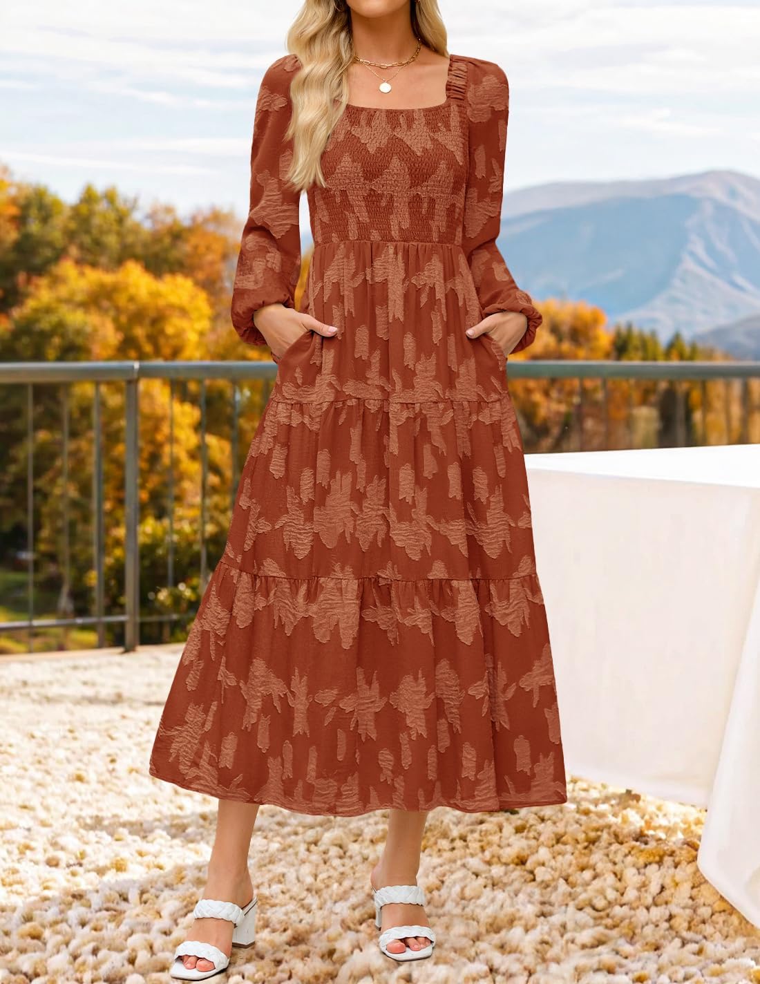 ZESICA Women's 2026 Spring Floral Midi Dress Long Sleeve Smocked Flowy Long Wedding Guest Vacation Dresses - Image 3