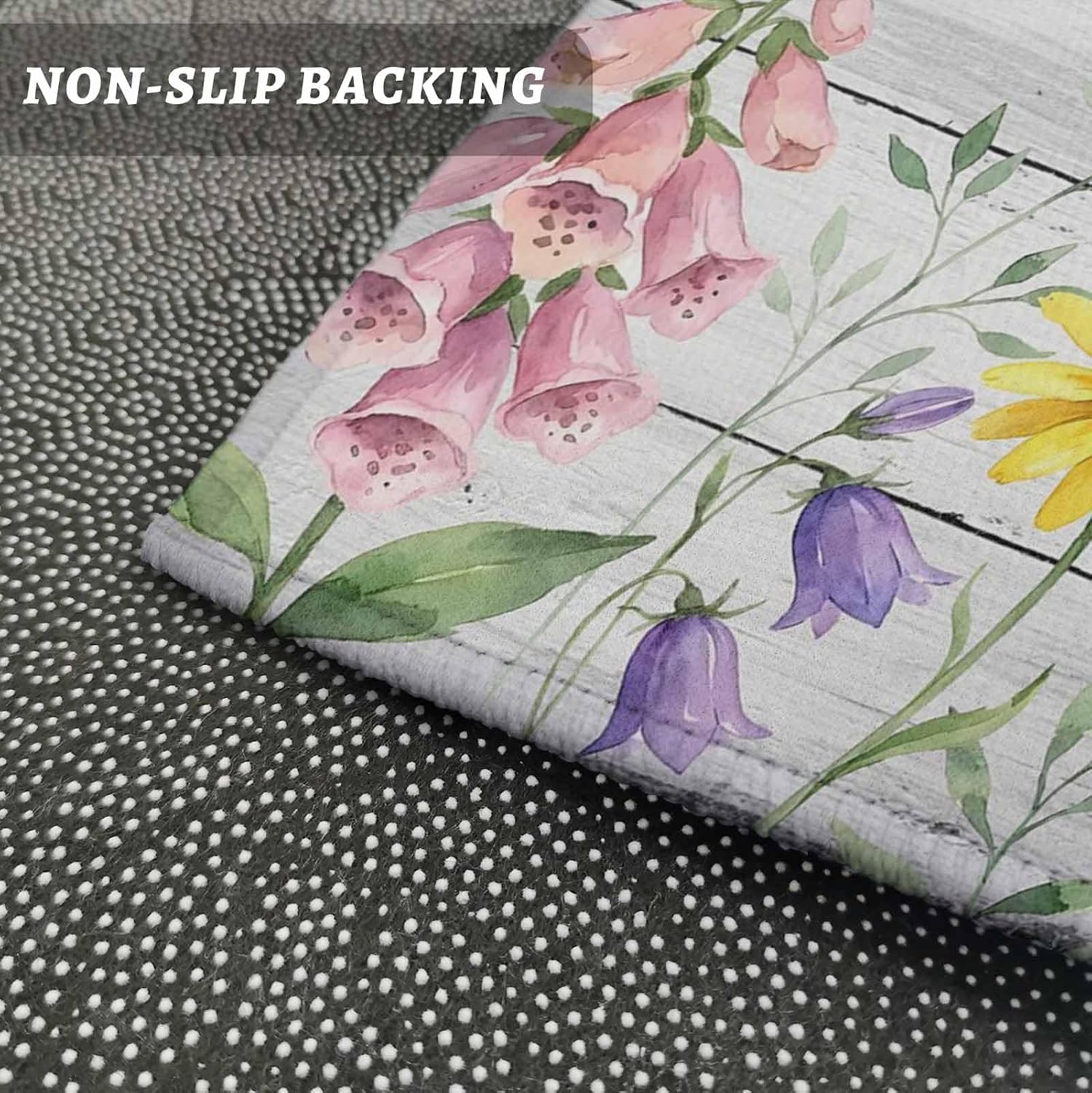 Teamery Kitchen Mats for Floor Summer Flower Leaf Butterfly Bee Washable Non Slip Kitchen Rugs 1PCS, Pastoral Plant Wood Board Absorbent Standing Mats for Sink Bathroom Office Living Room 23.6x70.9in