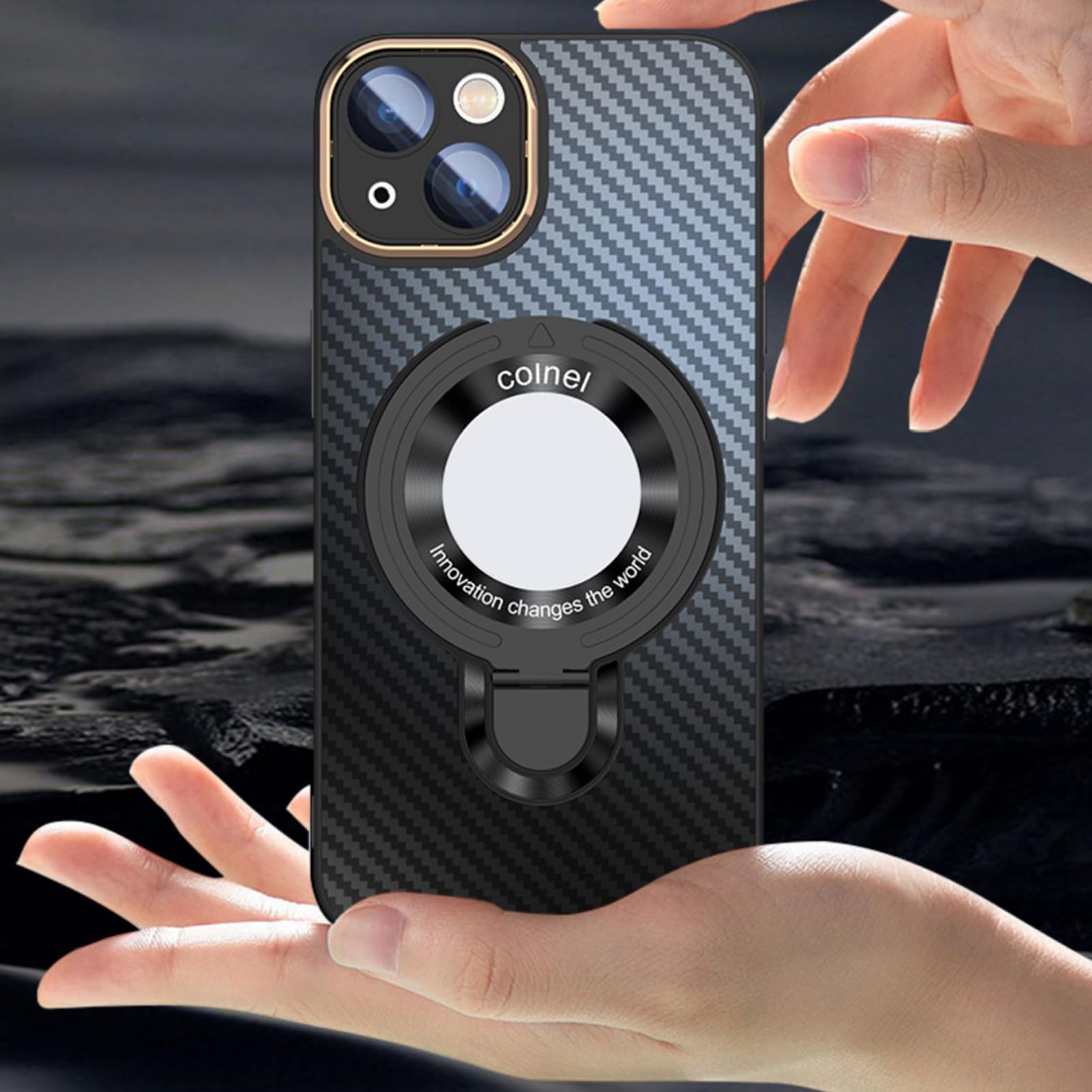 Etui magnetyczne do iPhone'a 15Pro Max/15 Pro/15 Plus/15, z podstawką pierścieniową Ochronna obudowa telefonu z teksturą włókna węglowego Widok logo, czarna, 15