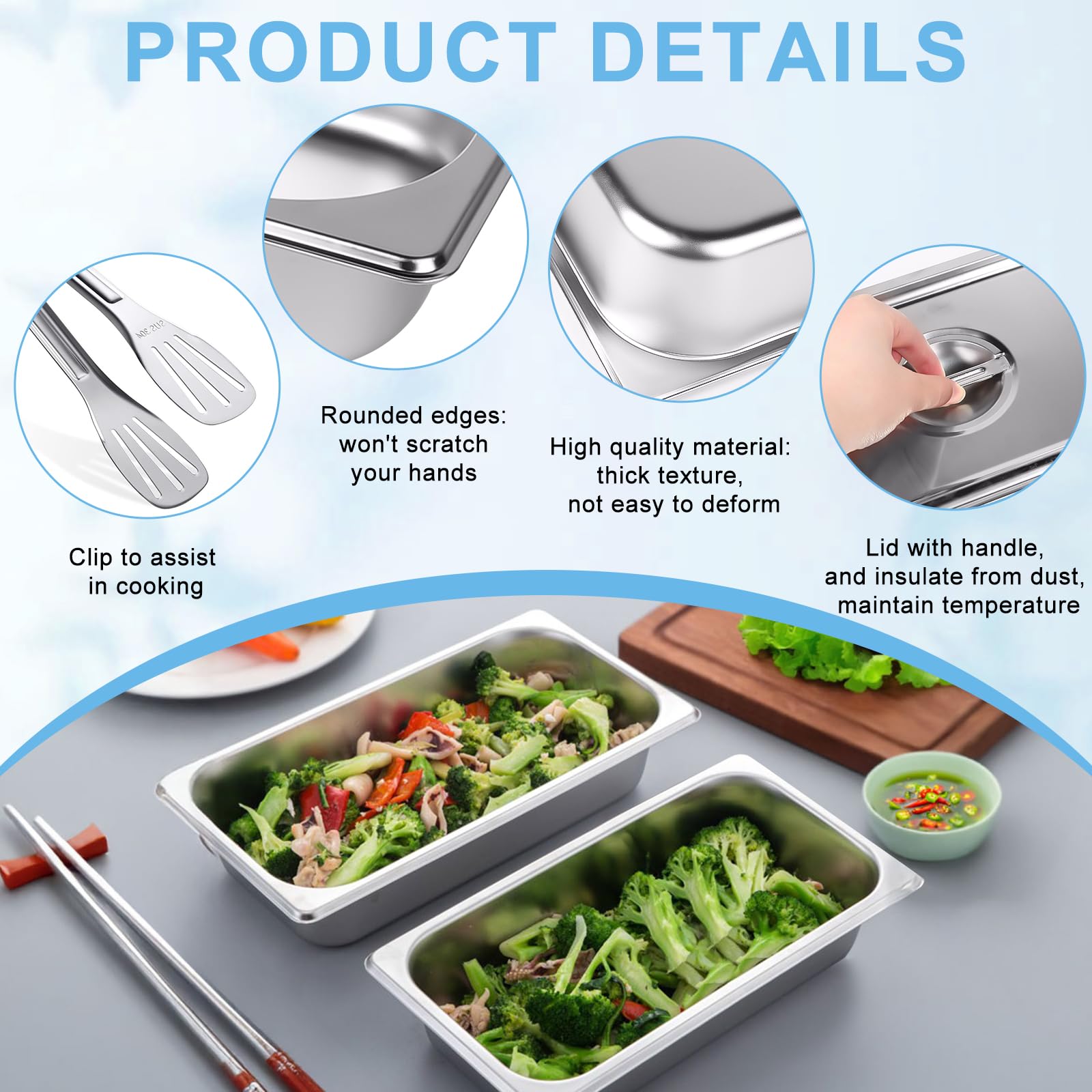 EXLECO Set di 3 Contenitor Rettangolari in Acciaio Inox con Coperchio e Pinze Cucina 32,5 x 17,5 x 6,5 cm Contenitore GN 1/3 Contenitori Gastronorm Acciaio Inox Ciotole Rettangolare per Impanare, Cibo