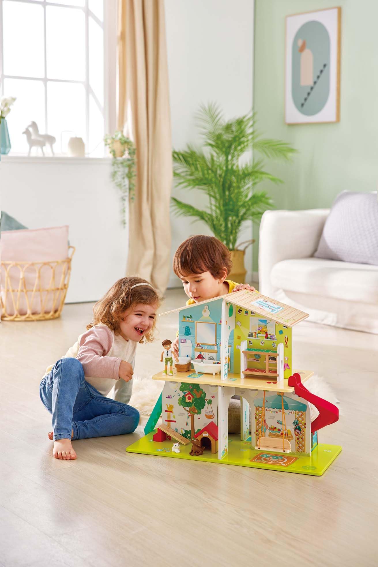 Hape Casetta delle Star - Casa delle bambole a doppio lato con effetti sonori per gioco di ruolo interattivo dai 3 anni