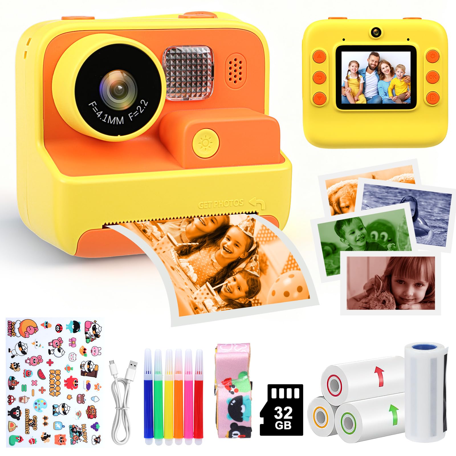 Fotocamera a colori per bambini con stampa istantanea, 1080P 4800W doppia fotocamera con scheda TF 32 GB, fotocamera digitale giocattolo videocamera regalo compleanno Natale per ragazzi ragazze