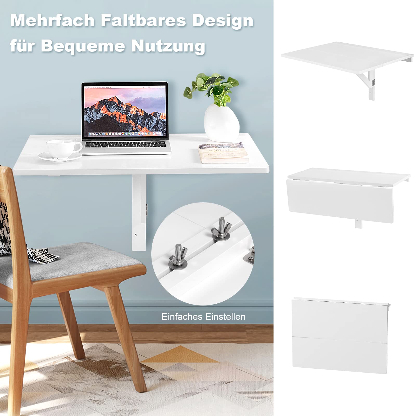 COSTWAY Wandmontierter Klapptisch, 80 x 60 cm, klappbarer Wandtisch, platzsparender Küchentisch Wandklapptisch für Küche Esszimmer Arbeitszimmer (Weiß)