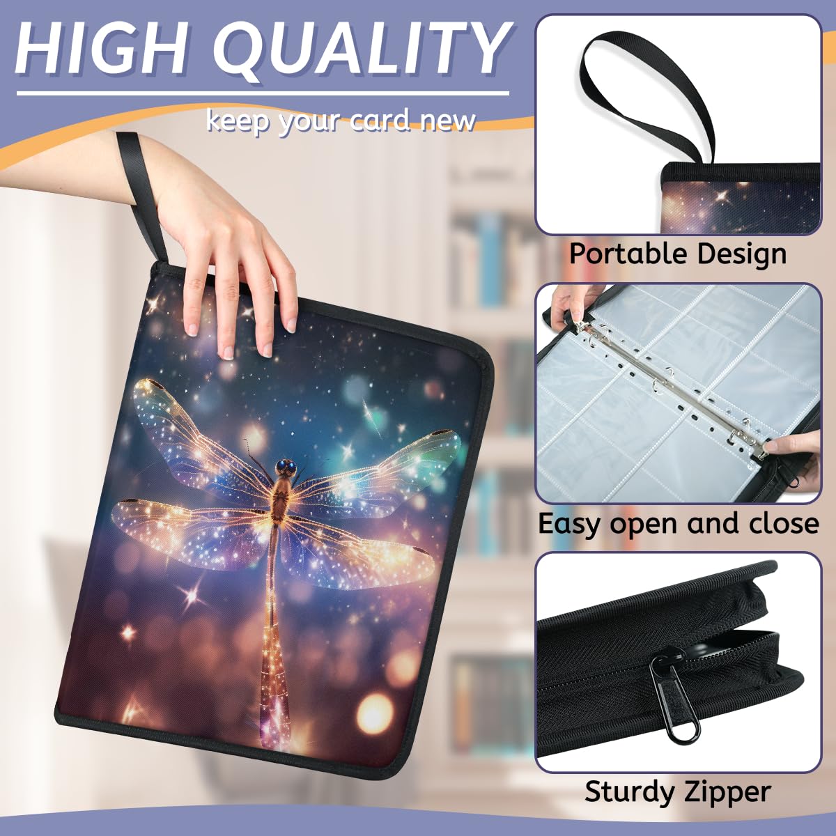 Carpeta de tarjetas coleccionables con 9 bolsillos con purpurina y libélula voladora, álbum de tarjetas con fundas extraíbles, libro de tarjetas impermeable con cremallera, capacidad para 50 páginas y