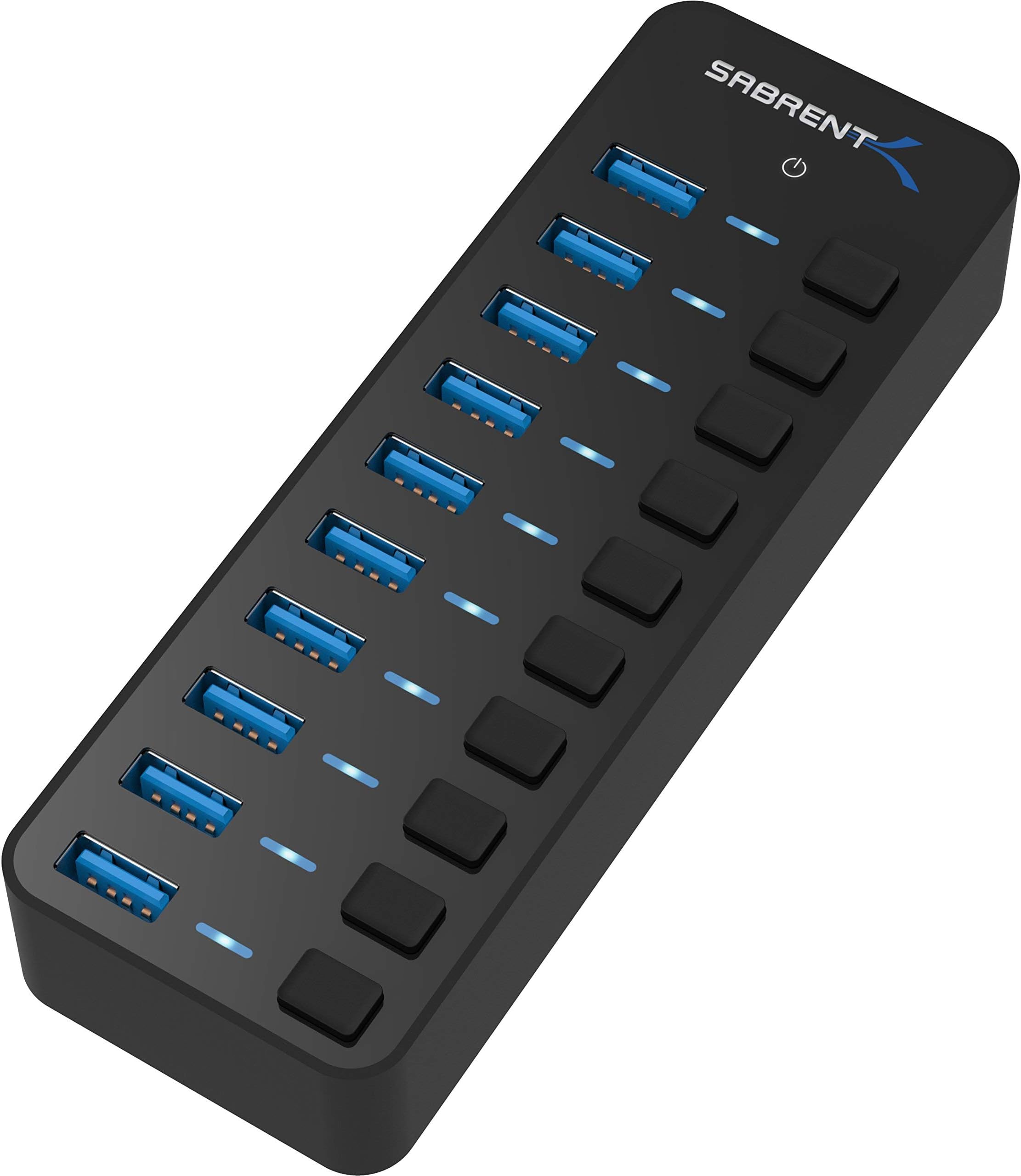 Sabrent 10-Port 60W USB 3.0 Hub with Individual Power Switches and LEDs Includes 60W 12V/5A Power Adapter (HB-BU10) (Renewed)