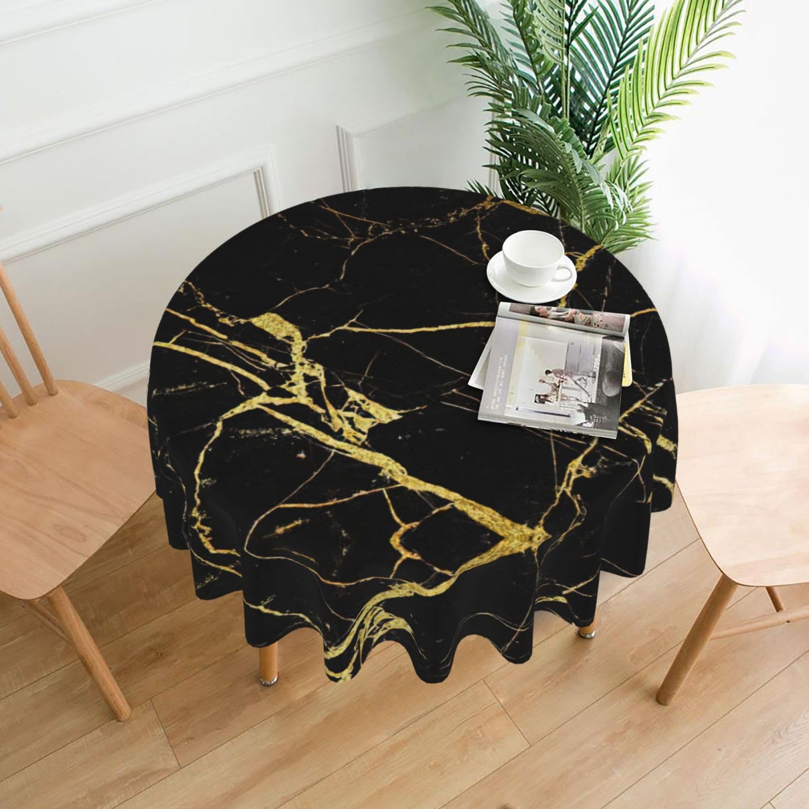 DRTGEDS Black Gold Marble Table Cover,Round Tablecloth, 60 X 60 Wrinkle Table Protector for Outdoor and Kitchen Dining Room