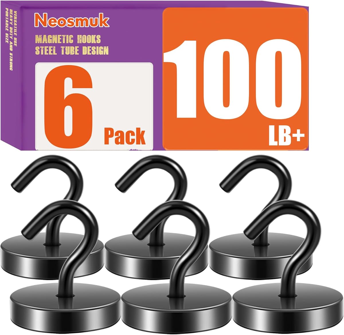 Neosmuk Black Magnetic Hooks,100lb+ Heavy Duty Earth Magnets with Hook for Refrigerator, Extra Strong Cruise Hook for Hanging, Magnetic Hanger for Curtain, Grill (Black, Pack of 6)