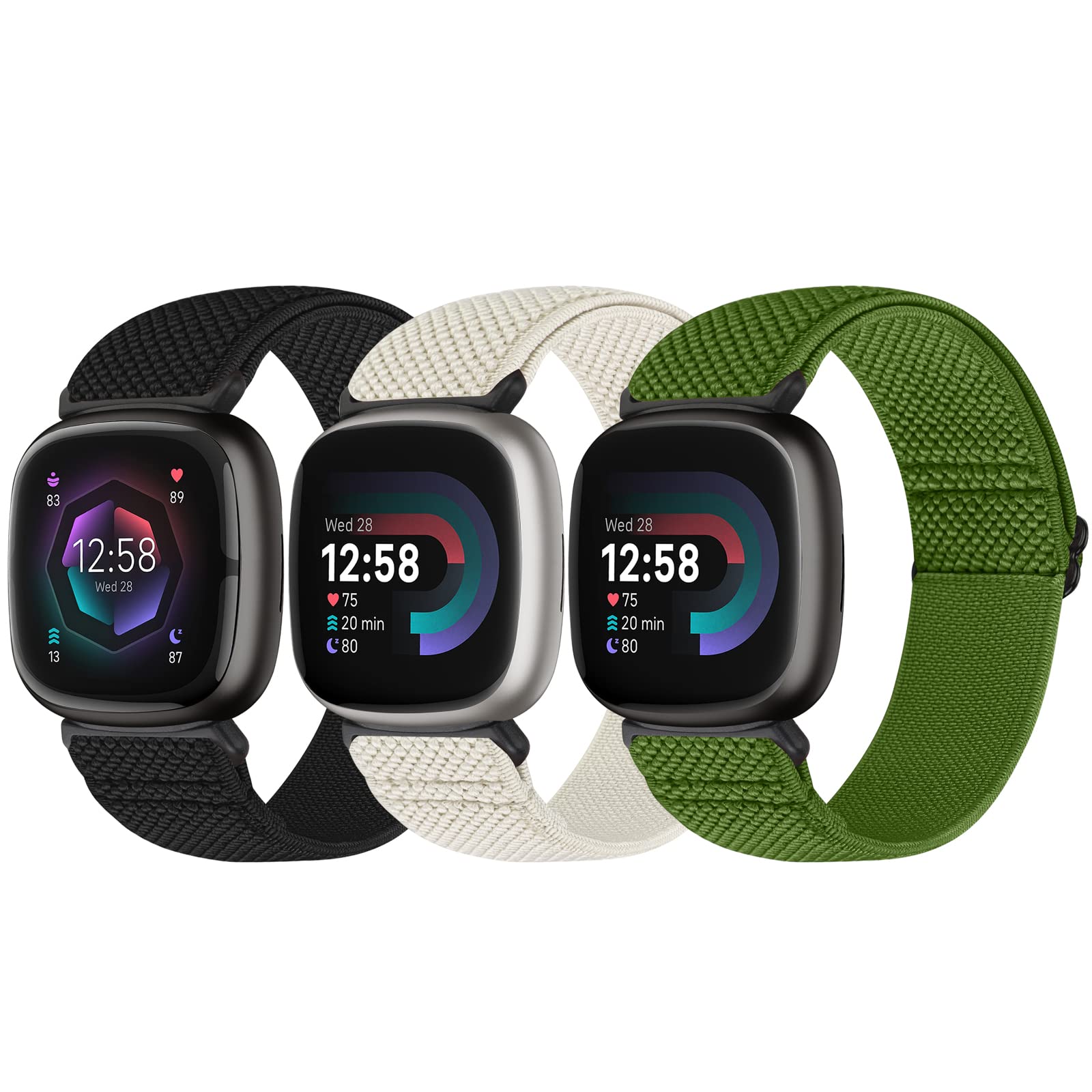 Bcuckood Elastisches Armband Kompatibel mit Fitbit Versa 4/Versa 3/Fitbit Sense 2/Sense für Damen Herren, Nylon Weich Verstellbar Dehnbar Solo Loop Ersatzriemen Uhrarmband