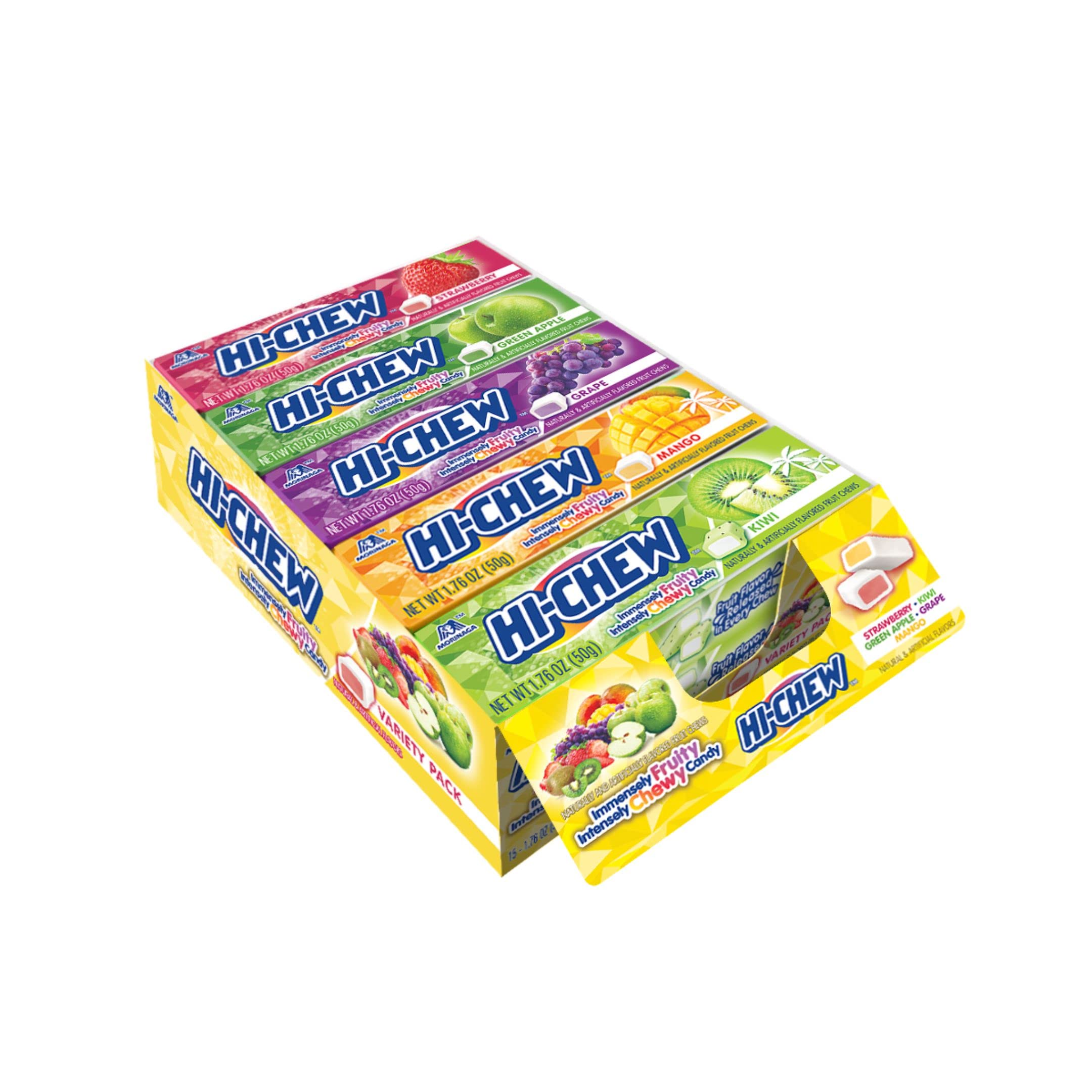 HI-CHEW Variety - Box of 15 Sticks, 1.76oz ea | Unique Fun Soft & Chewy Taffy Candy | Immensely Juicy Exotic Fruit Flavors | Strawberry Green Apple Grape Mango Kiwi